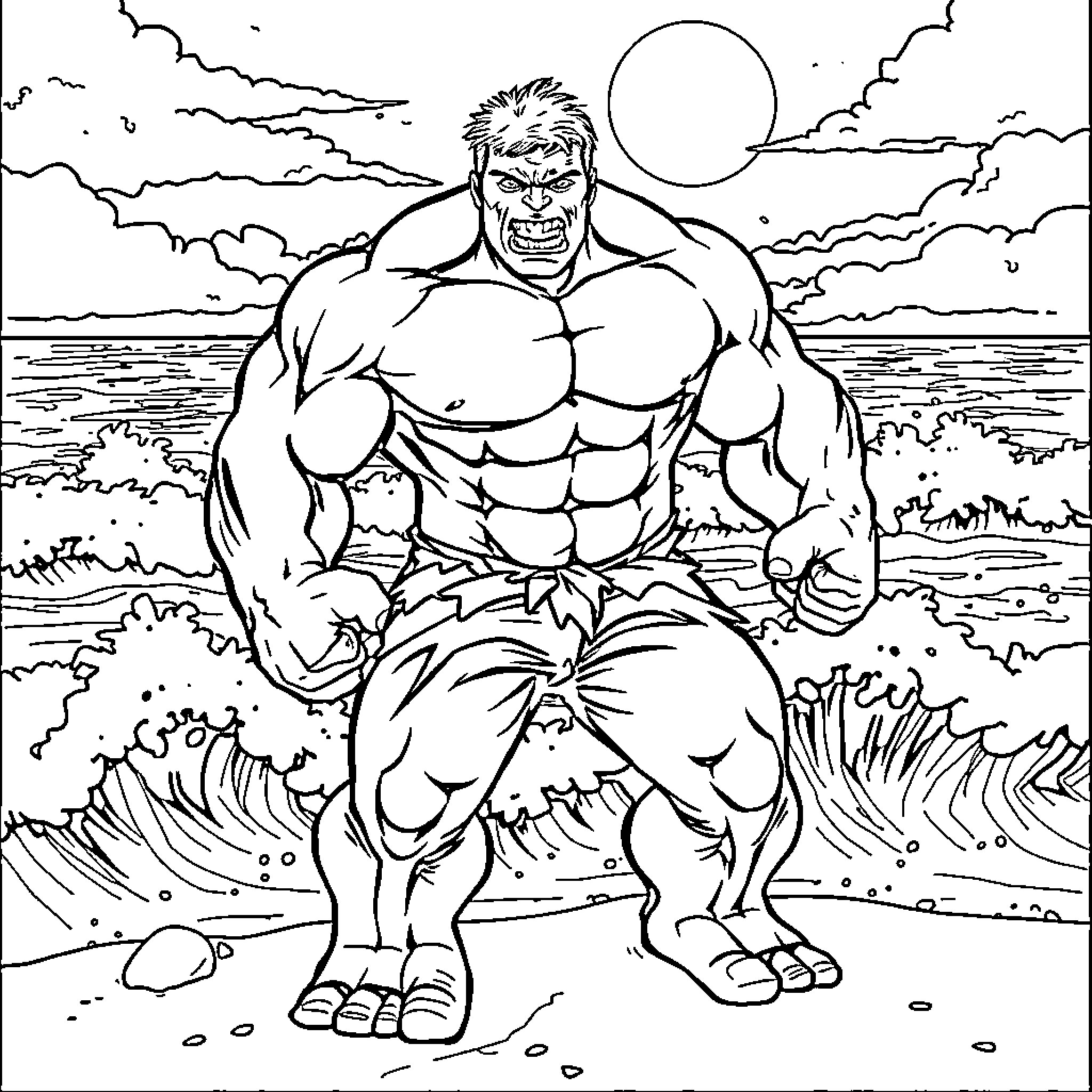 Hulk's Mighty Presence on the Shoreline Coloring Page (free black-and-white line drawing printable PDF for all, from beginners to advanced learners, including children, teens, adults, and seniors)