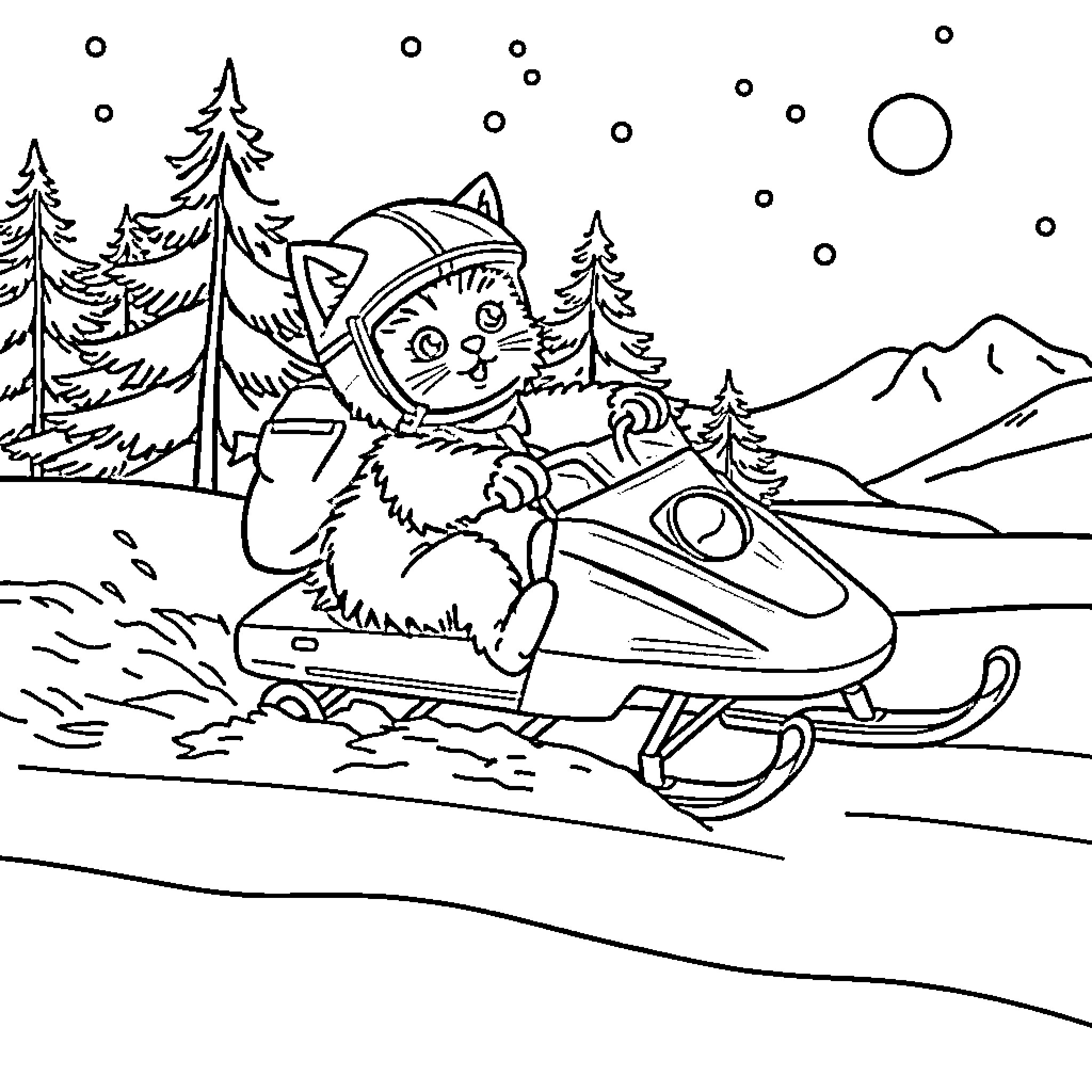 Cat riding snowmobile in winter landscape Coloring Page (free black-and-white line drawing printable PDF for all, from beginners to advanced learners, including children, teens, adults, and seniors)
