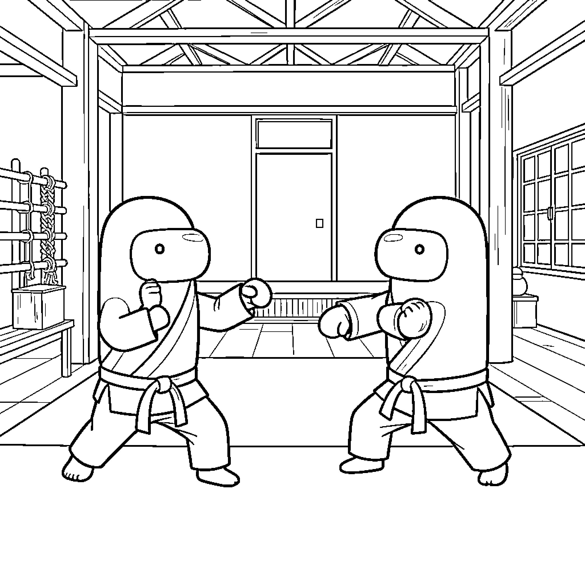 Among Us characters practicing martial arts in a dojo Coloring Page (free black-and-white line drawing printable PDF for all, from beginners to advanced learners, including children, teens, adults, and seniors)