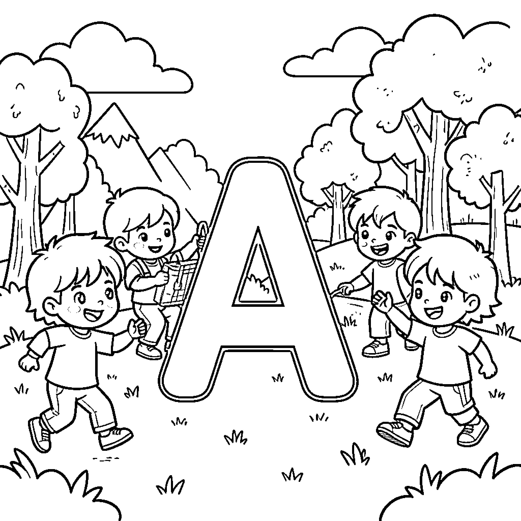 Adventure of children playing around a large letter Coloring Page (free black-and-white line drawing printable PDF for all, from beginners to advanced learners, including children, teens, adults, and seniors)