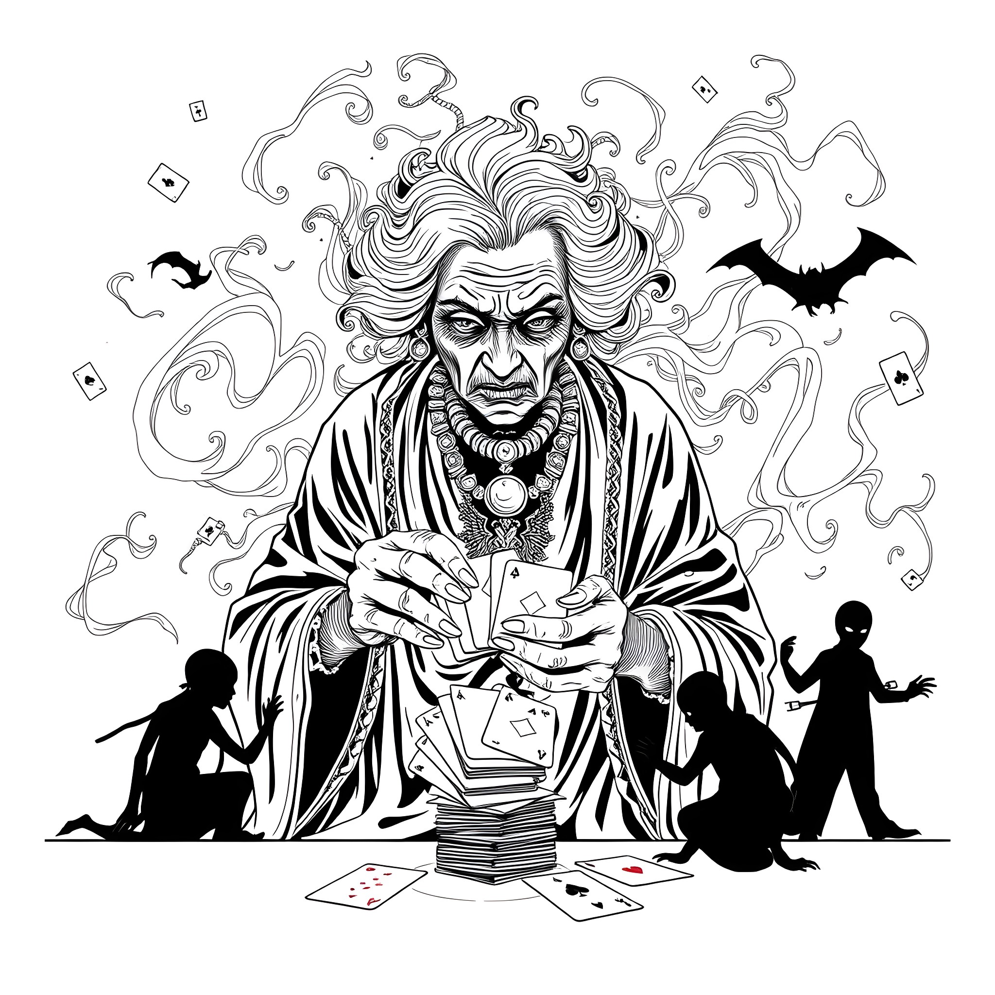 Grandma's Mystical Fortune Telling Coloring Page (free black-and-white line drawing printable PDF for all, from beginners to advanced learners, including children, teens, adults, and seniors)