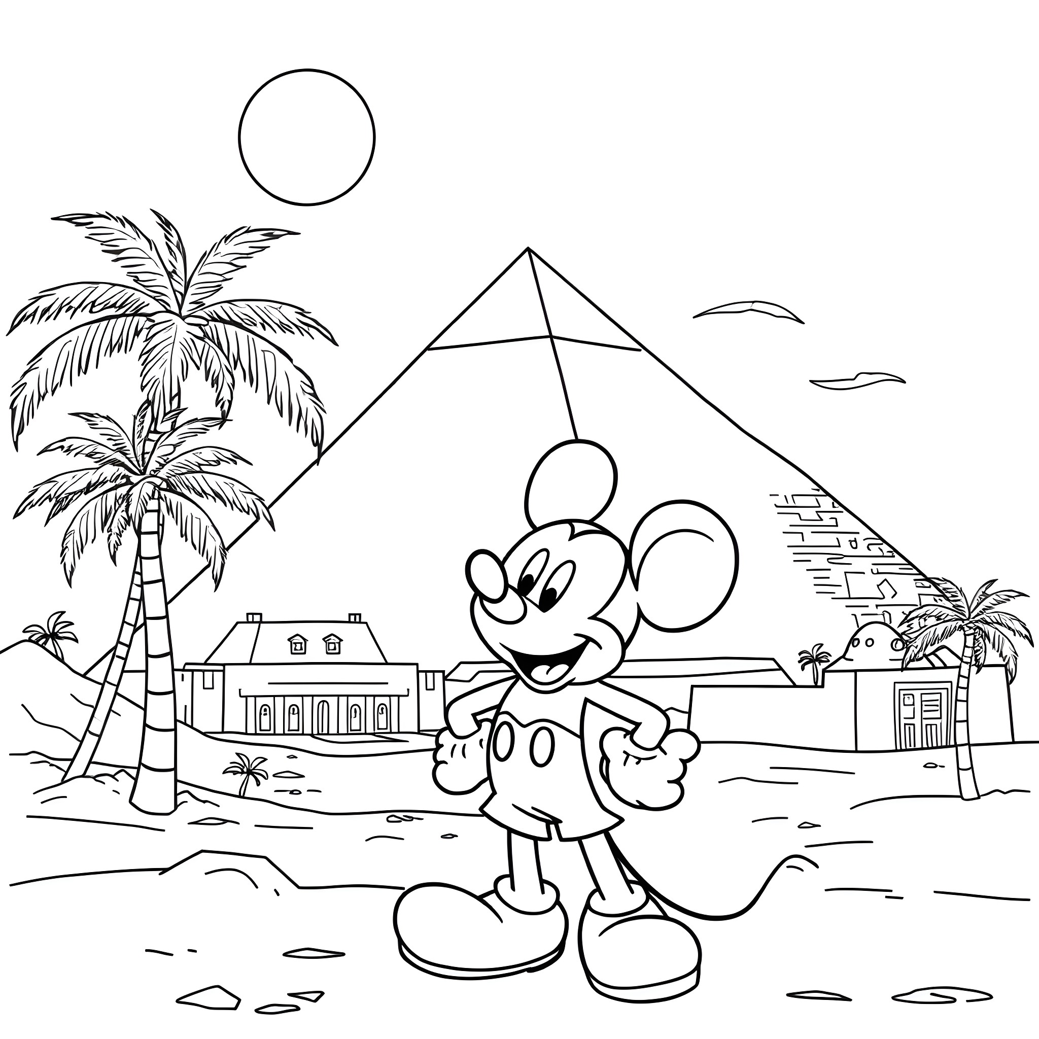 Mickey Mouse explores the Egyptian pyramids Coloring Page (free black-and-white line drawing printable PDF for all, from beginners to advanced learners, including children, teens, adults, and seniors)