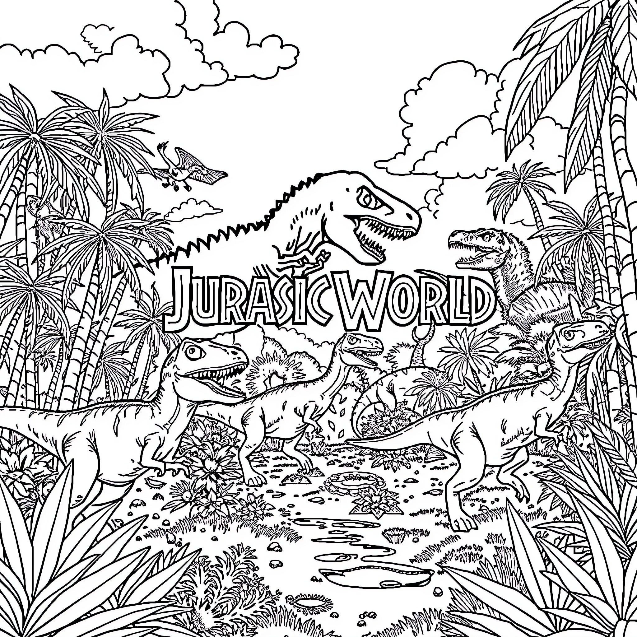 Jurassic World: Prehistoric Creatures in Lush Tropical Setting Coloring Page (free black-and-white line drawing printable PDF for all, from beginners to advanced learners, including children, teens, adults, and seniors)