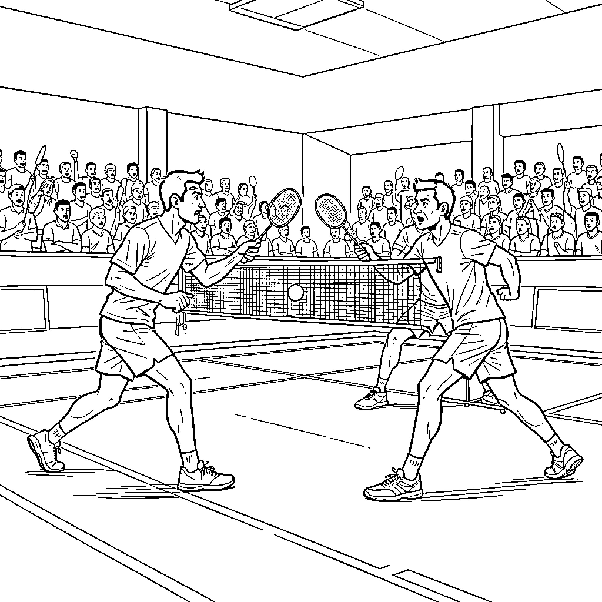 Badminton players competing intensely during a match Coloring Page (free black-and-white line drawing printable PDF for all, from beginners to advanced learners, including children, teens, adults, and seniors)