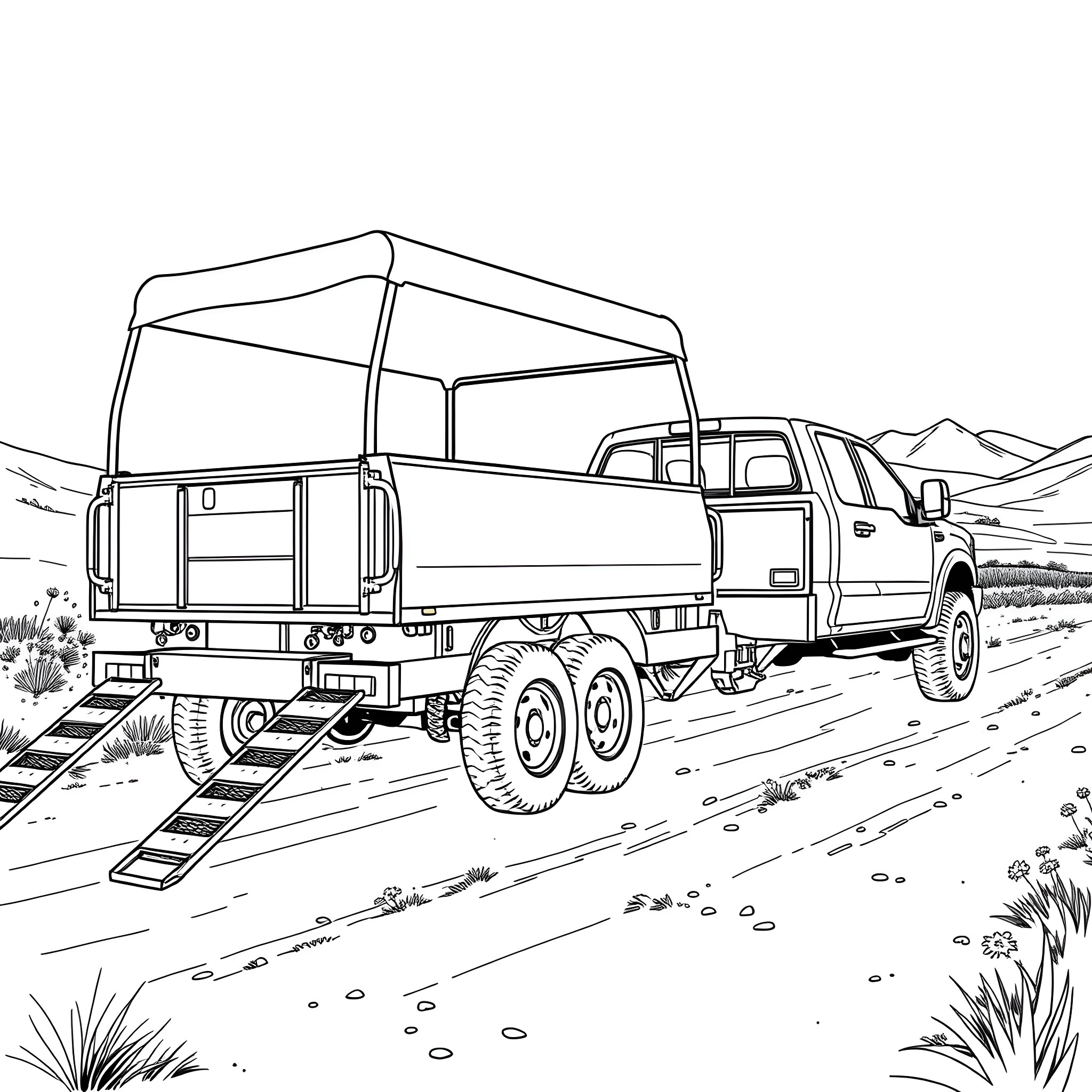 Car Trailer Transporting Truck on Rugged Terrain Coloring Page (free black-and-white line drawing printable PDF for all, from beginners to advanced learners, including children, teens, adults, and seniors)