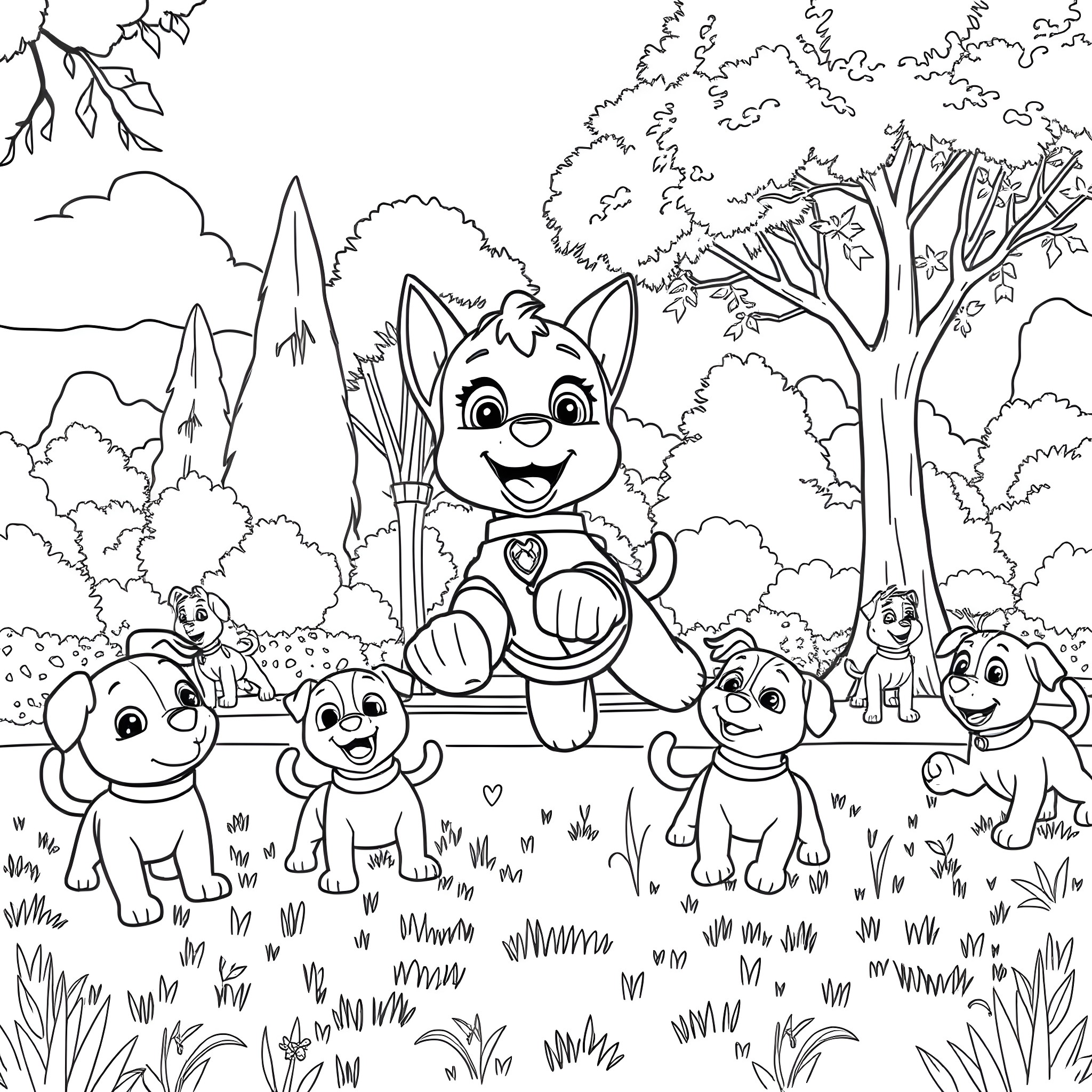Sky adventure with playful puppies in nature Coloring Page (free black-and-white line drawing printable PDF for all, from beginners to advanced learners, including children, teens, adults, and seniors)