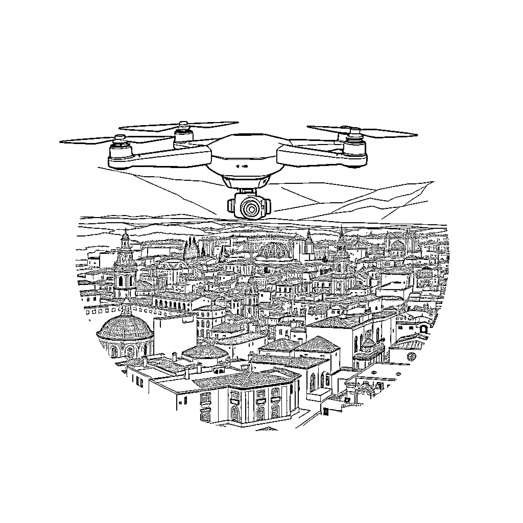 Drone capturing cityscape of historic architecture Coloring Page (free black-and-white line drawing printable PDF for all, from beginners to advanced learners, including children, teens, adults, and seniors)