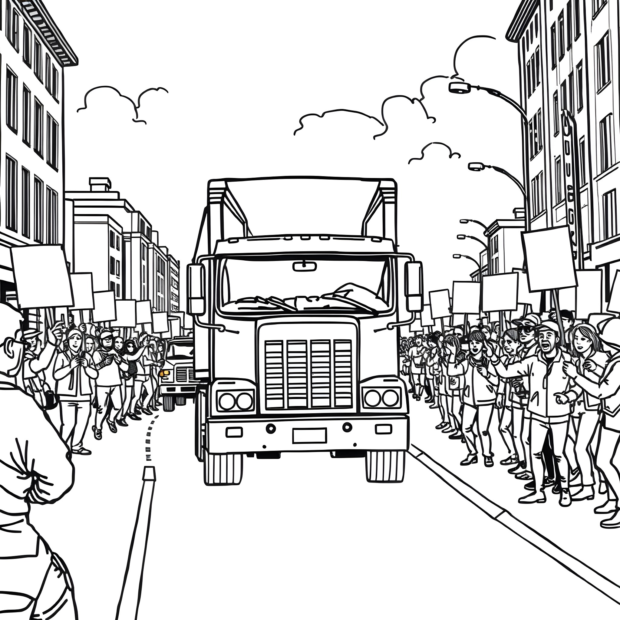 Truck transporting protesters in the city street Coloring Page (free black-and-white line drawing printable PDF for all, from beginners to advanced learners, including children, teens, adults, and seniors)