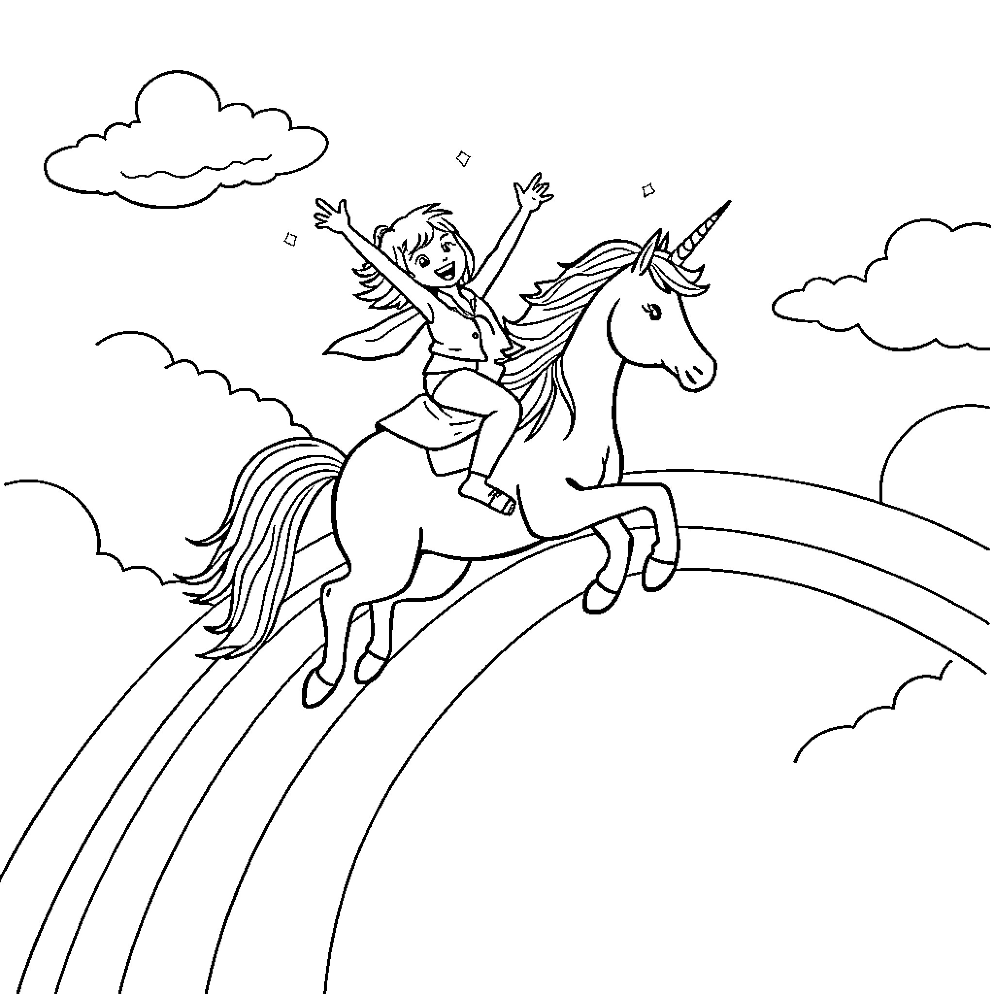 Unicorn ride through the clouds with a joyful child Coloring Page (free black-and-white line drawing printable PDF for all, from beginners to advanced learners, including children, teens, adults, and seniors)