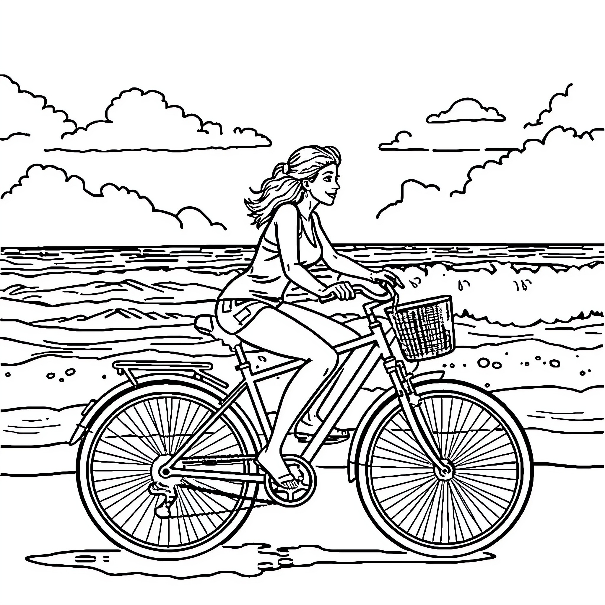 Woman Riding Bicycle along the Beach Coloring Page (free black-and-white line drawing printable PDF for all, from beginners to advanced learners, including children, teens, adults, and seniors)