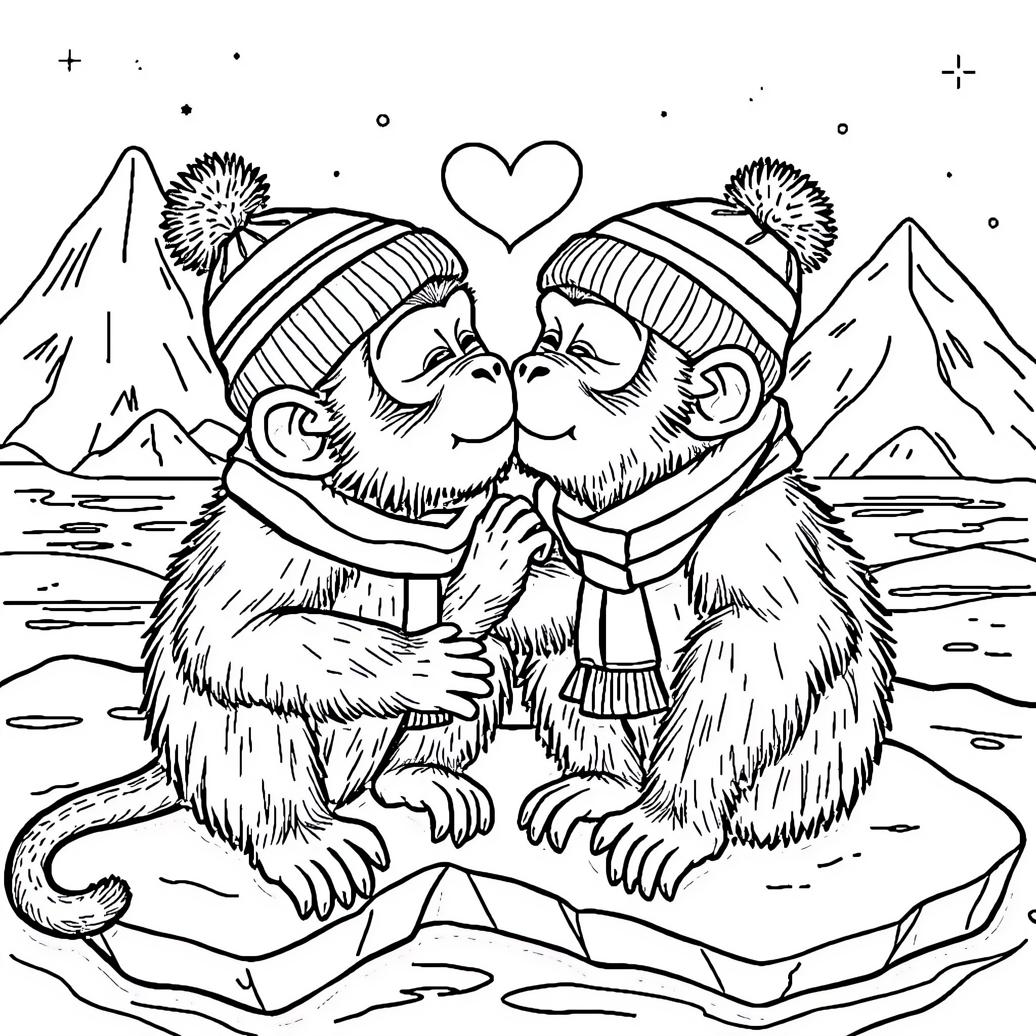 Monkeys in Winter Clothes Embracing on Floating Ice Coloring Page (free black-and-white line drawing printable PDF for all, from beginners to advanced learners, including children, teens, adults, and seniors)