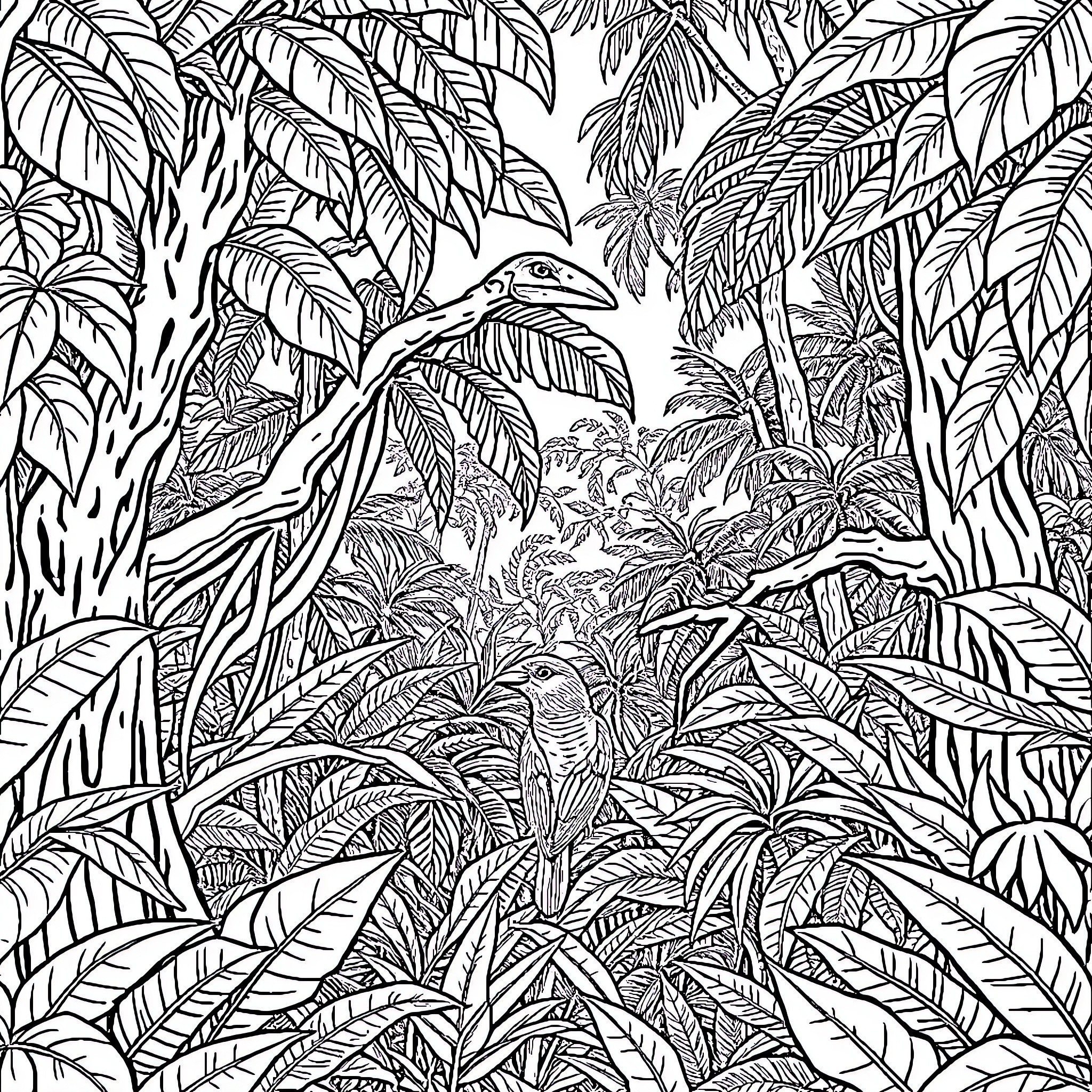 Jungle scene with lush vegetation and wildlife Coloring Page (free black-and-white line drawing printable PDF for all, from beginners to advanced learners, including children, teens, adults, and seniors)
