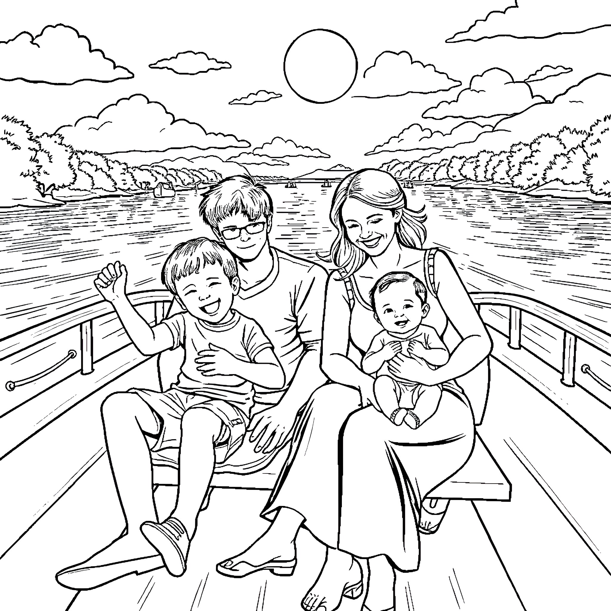 Family enjoying a boat ride on a scenic lake Coloring Page (free black-and-white line drawing printable PDF for all, from beginners to advanced learners, including children, teens, adults, and seniors)