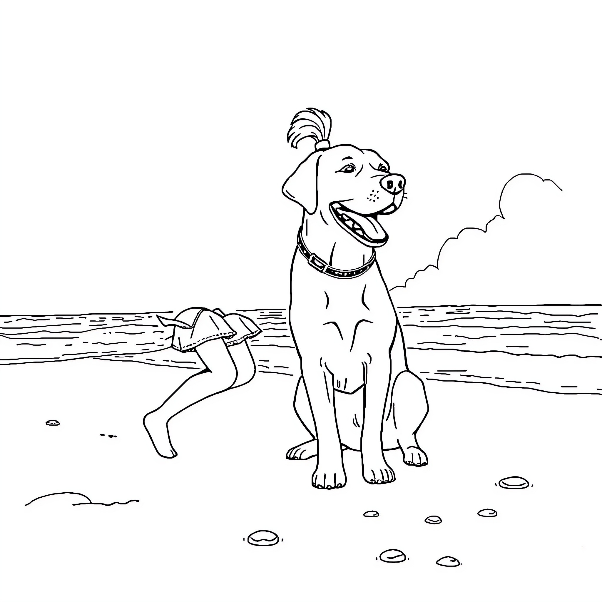 Girl playing with happy dog on the beach Coloring Page (free black-and-white line drawing printable PDF for all, from beginners to advanced learners, including children, teens, adults, and seniors)