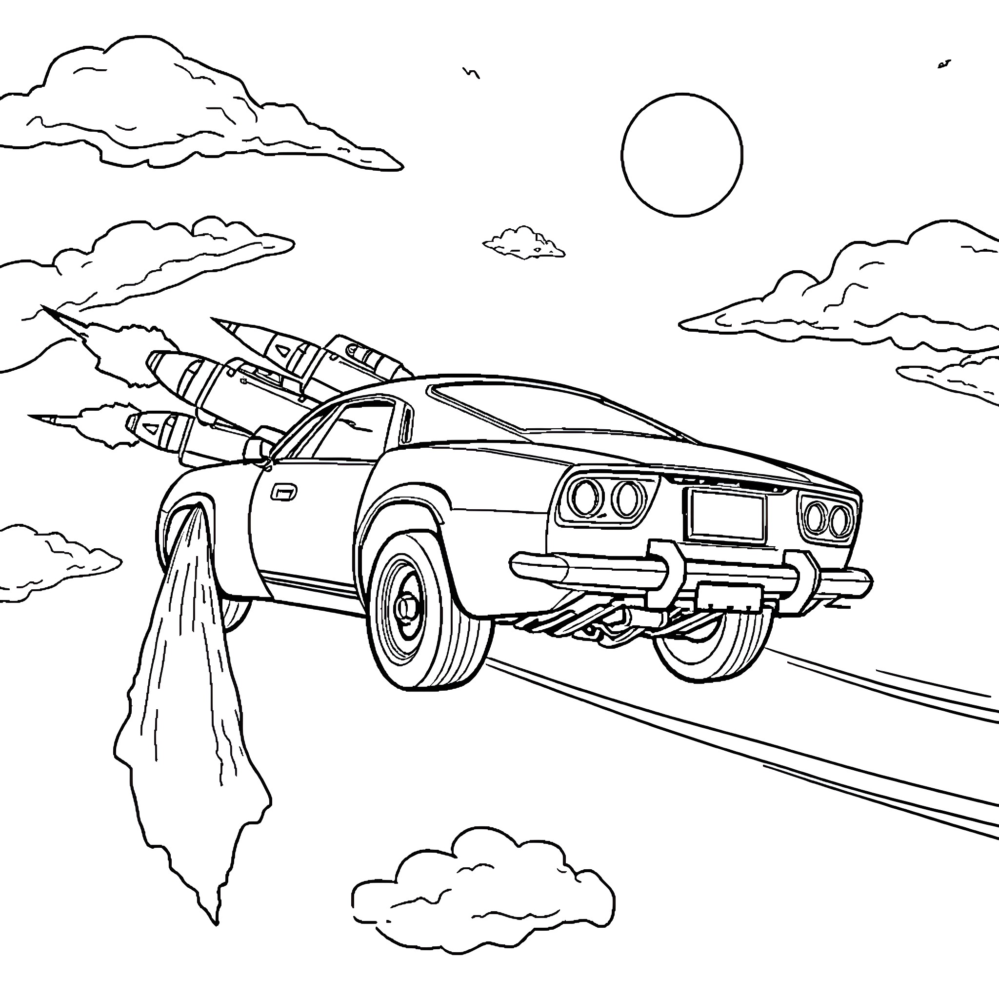 Flying Car Soaring through Clouds on a Sunny Day Coloring Page (free black-and-white line drawing printable PDF for all, from beginners to advanced learners, including children, teens, adults, and seniors)