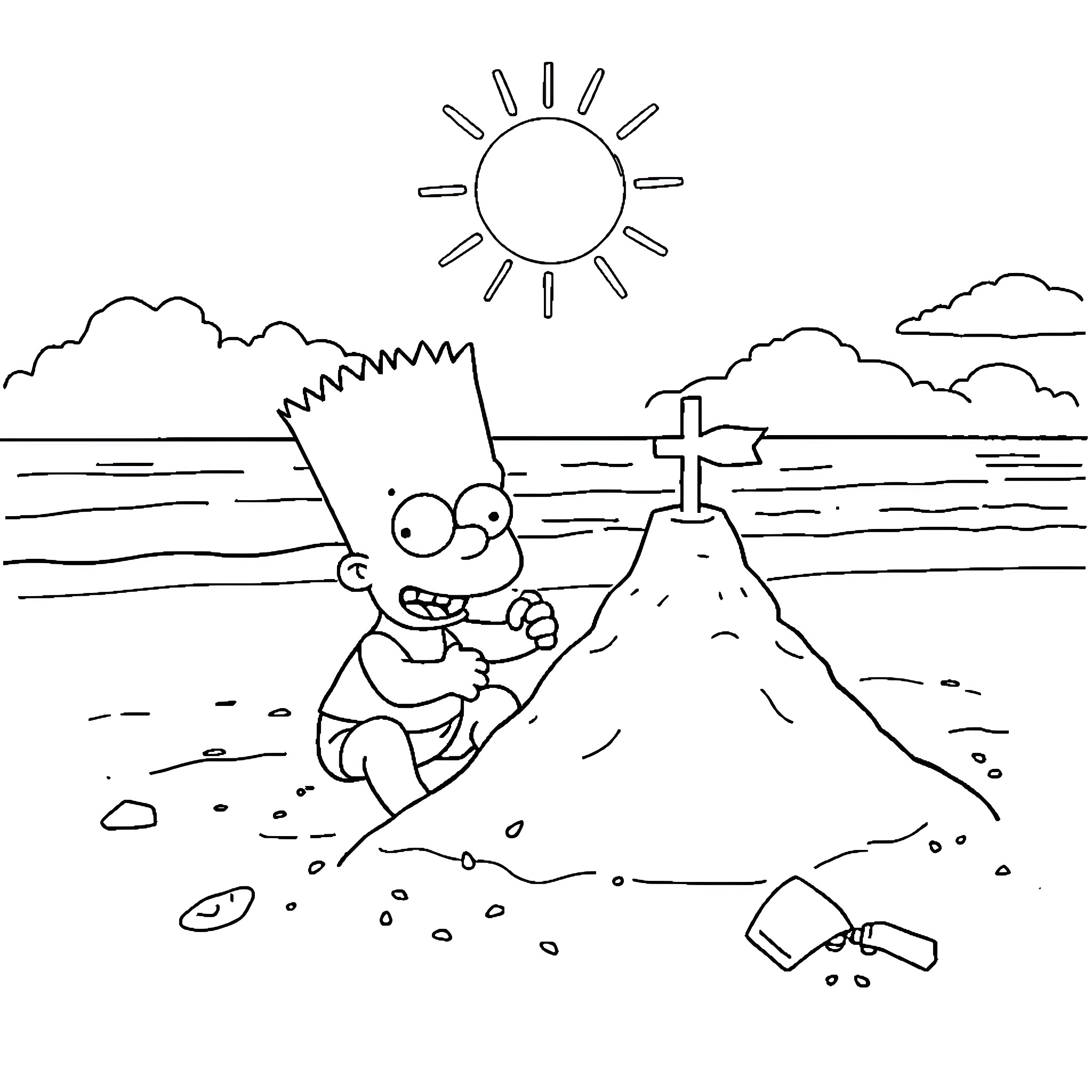 Bart playing on a sandy beach Coloring Page (free black-and-white line drawing printable PDF for all, from beginners to advanced learners, including children, teens, adults, and seniors)