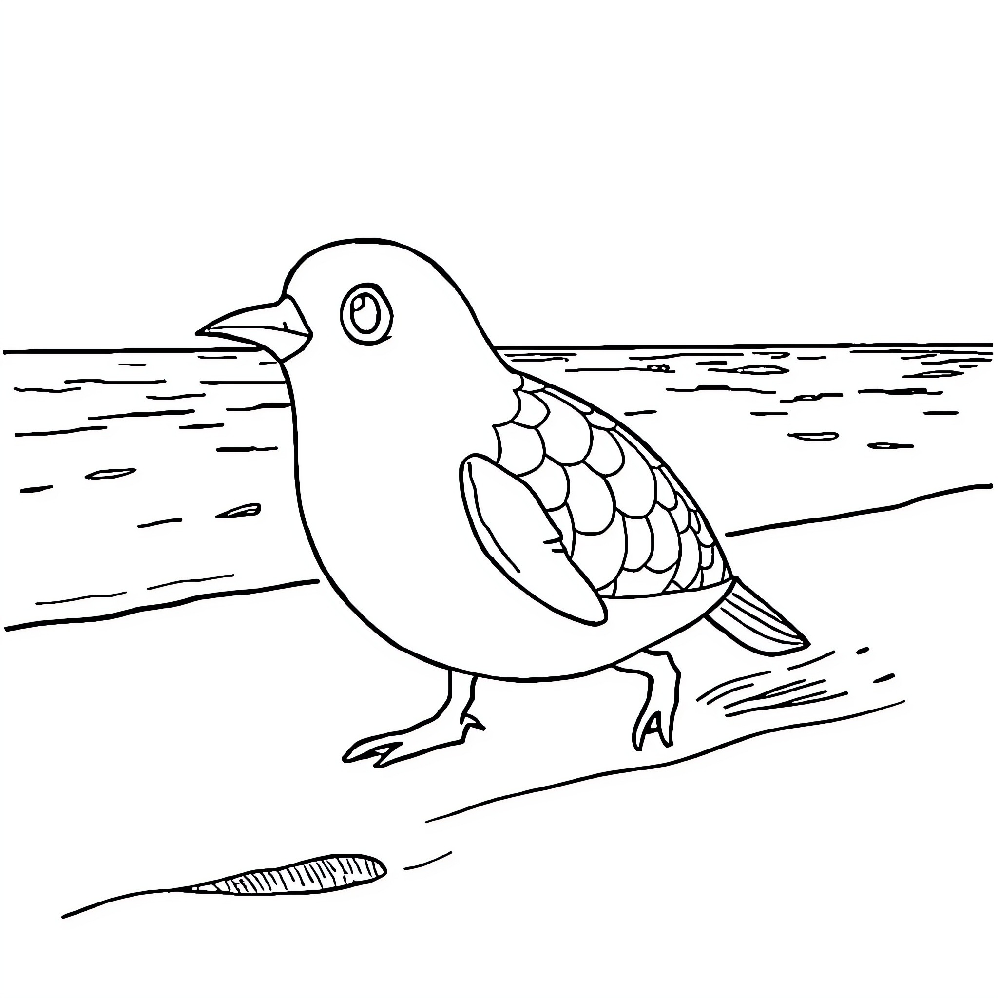 Kura Kura bird on beach Coloring Page (free black-and-white line drawing printable PDF for all, from beginners to advanced learners, including children, teens, adults, and seniors)