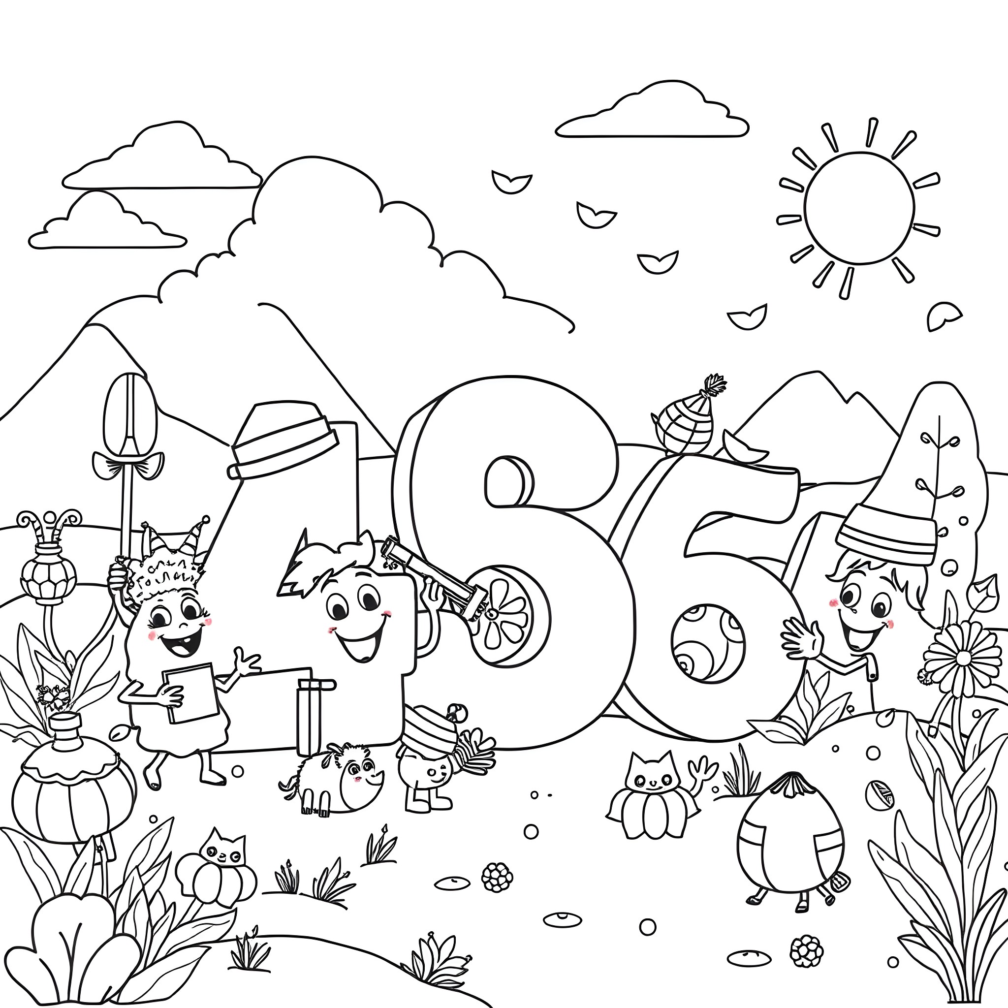 Number Cartoon Characters Playing in Outdoor Nature Scene Coloring Page (free black-and-white line drawing printable PDF for all, from beginners to advanced learners, including children, teens, adults, and seniors)