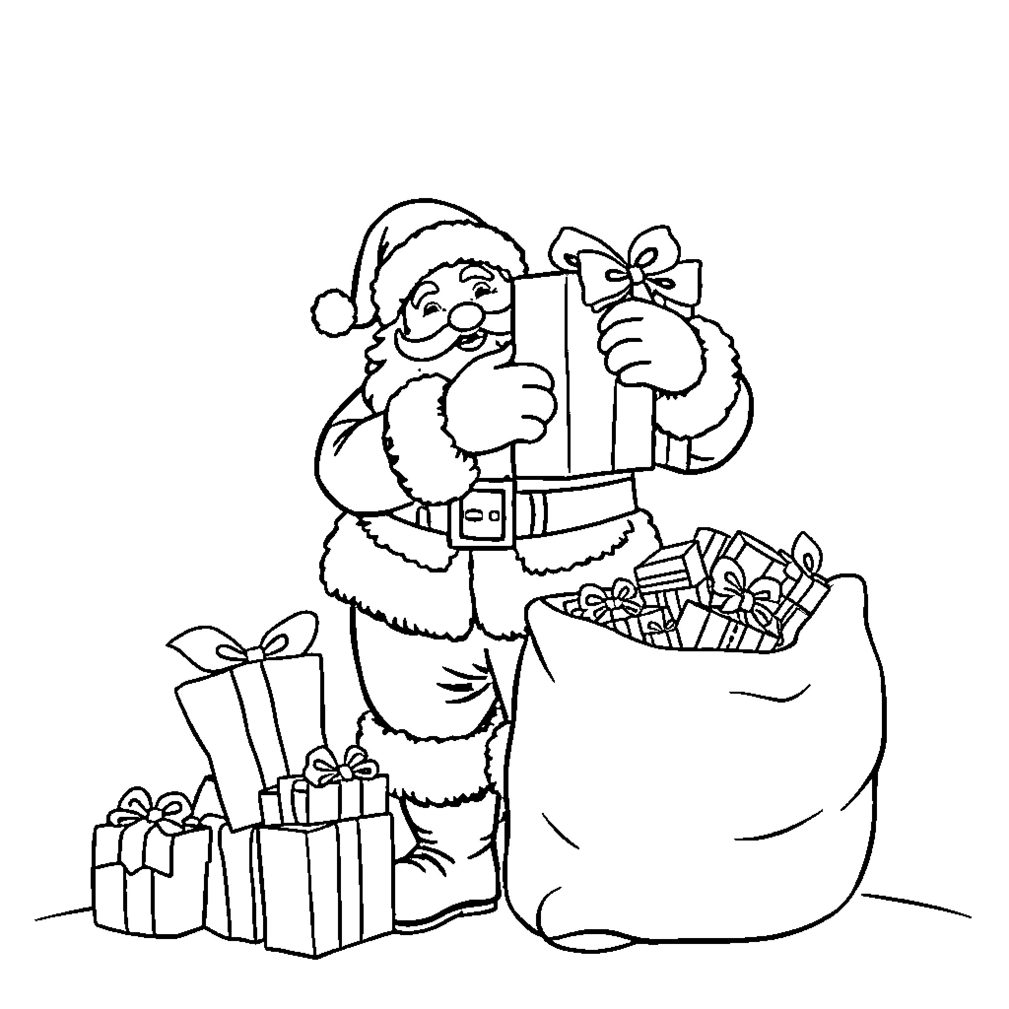 Santa Delivering Gifts and Presents Coloring Page (free black-and-white line drawing printable PDF for all, from beginners to advanced learners, including children, teens, adults, and seniors)