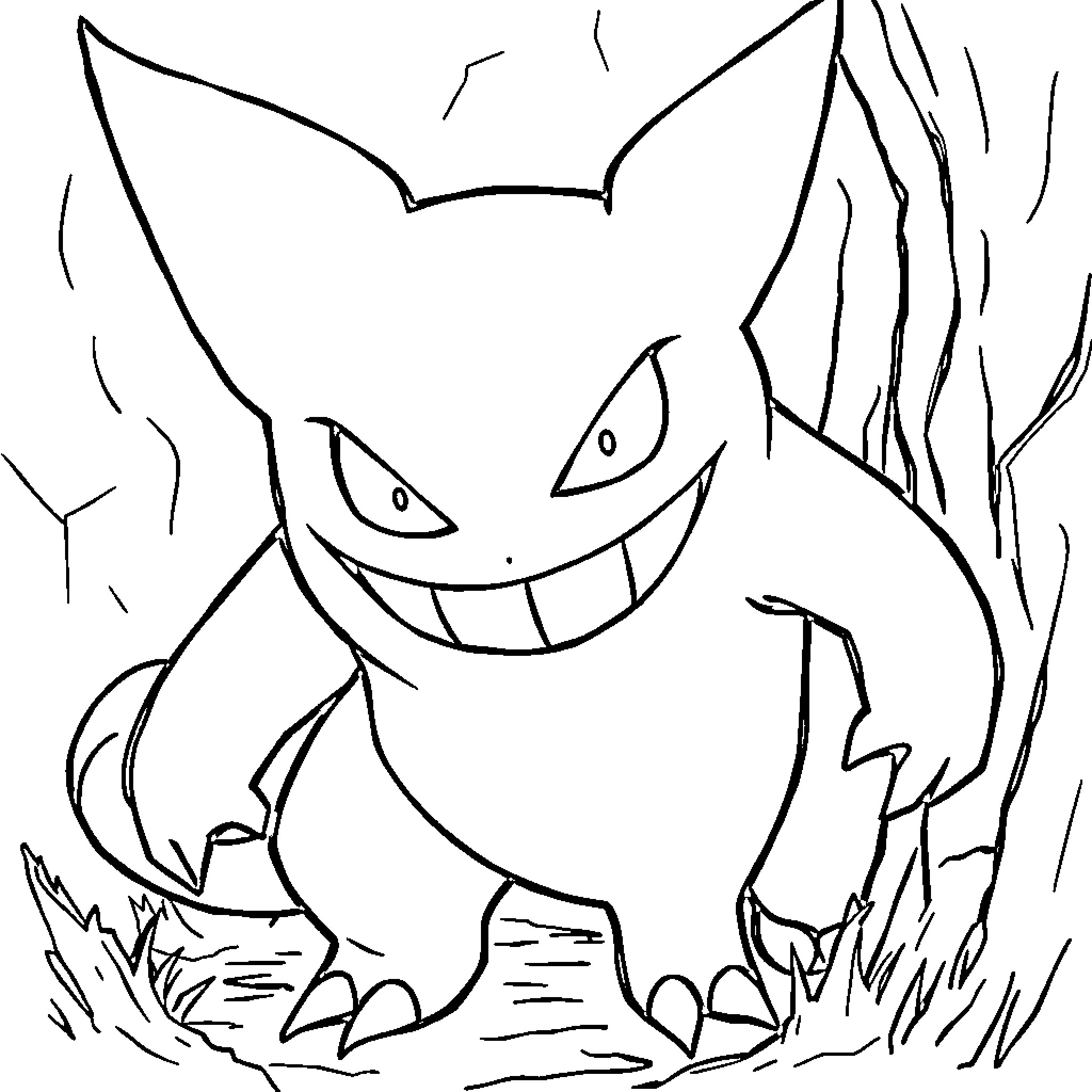 Gengar grinning mischievously in the darkness Coloring Page (free black-and-white line drawing printable PDF for all, from beginners to advanced learners, including children, teens, adults, and seniors)