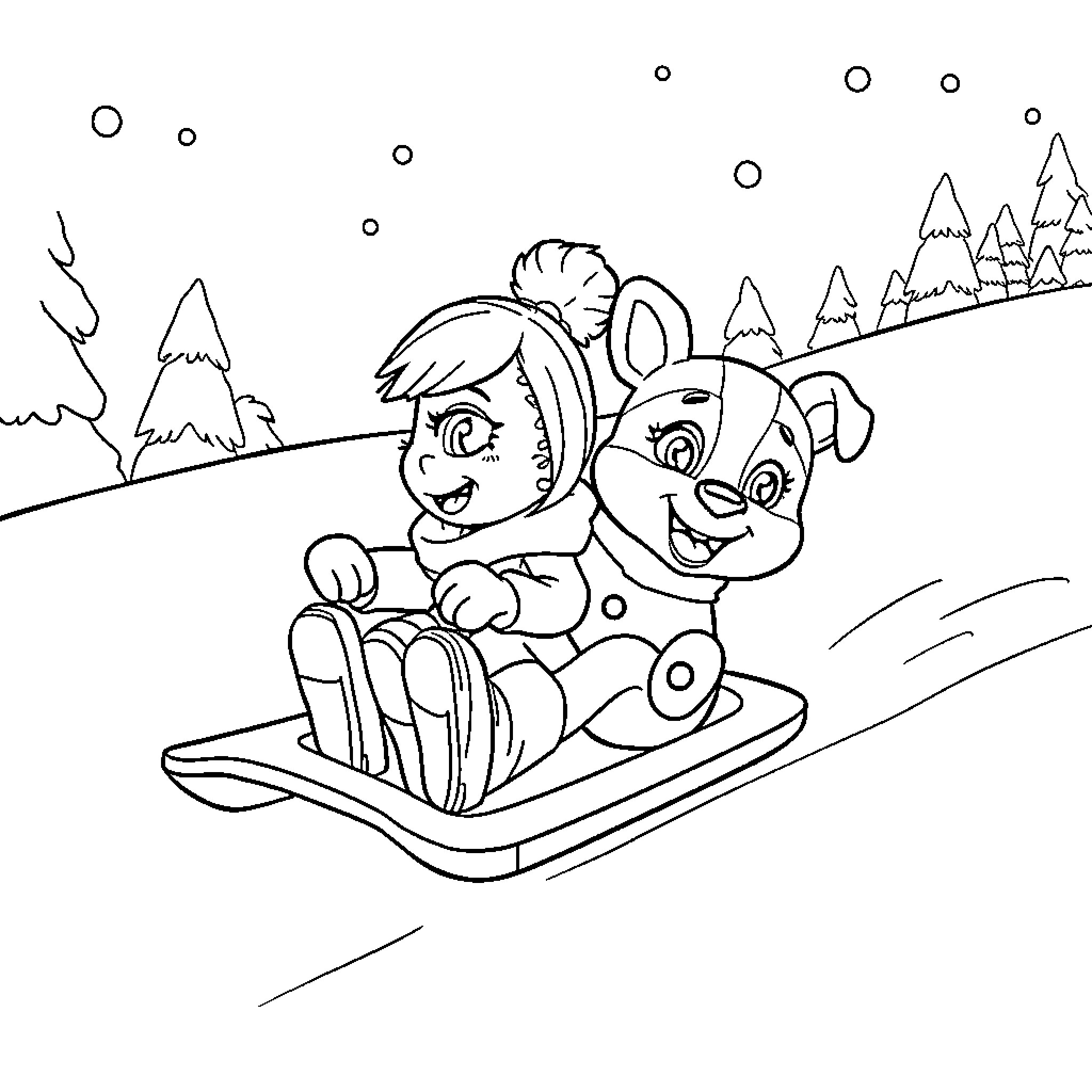 Gabby and her furry friend sled down the snowy hill Coloring Page (free black-and-white line drawing printable PDF for all, from beginners to advanced learners, including children, teens, adults, and seniors)