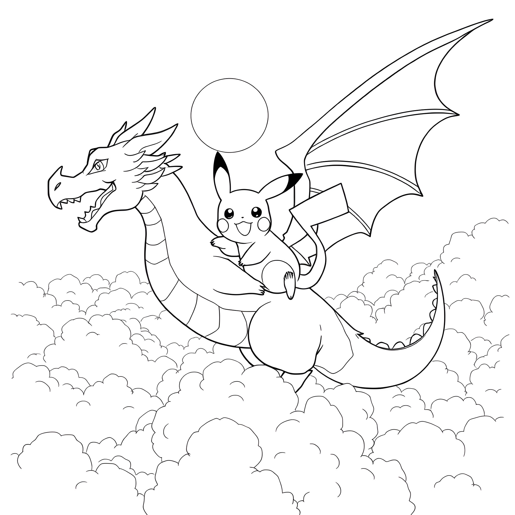 Pikachu riding a dragon in the clouds Coloring Page (free black-and-white line drawing printable PDF for all, from beginners to advanced learners, including children, teens, adults, and seniors)
