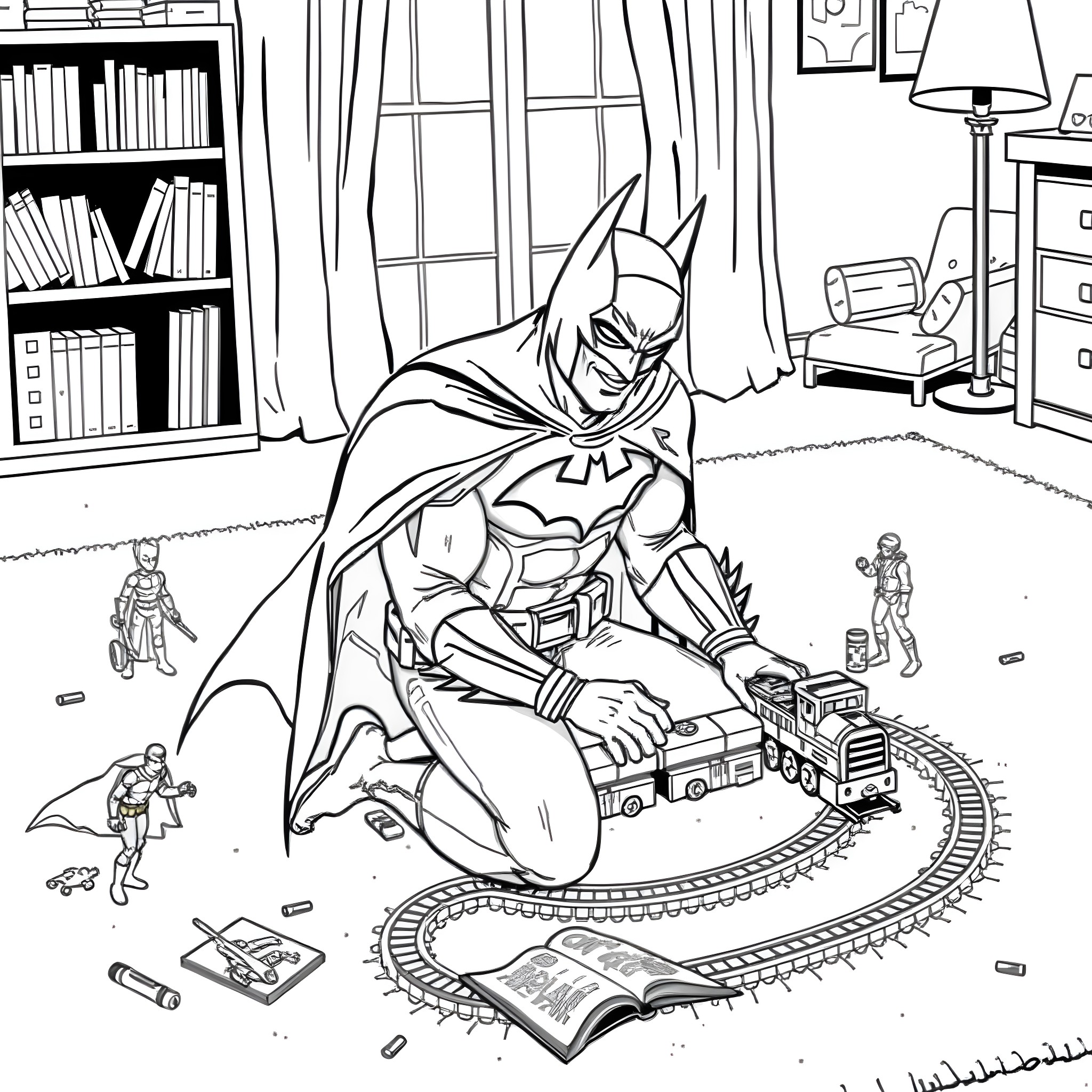 Batman playing with toys in a cozy home setting Coloring Page (free black-and-white line drawing printable PDF for all, from beginners to advanced learners, including children, teens, adults, and seniors)