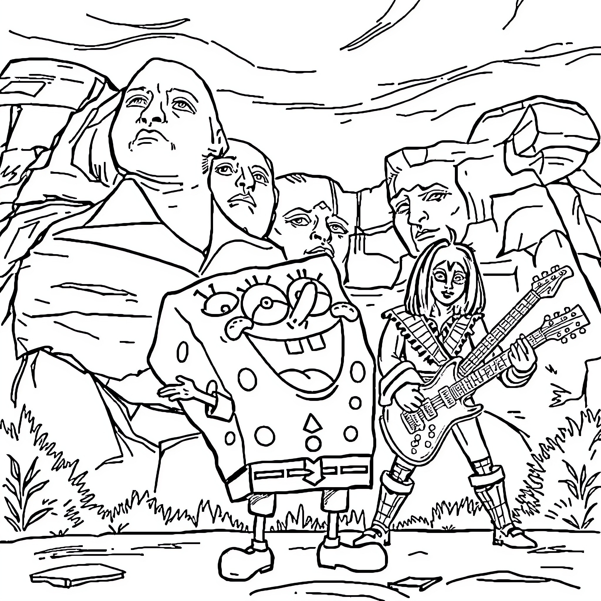 Spongebob and friends on an adventure Coloring Page (free black-and-white line drawing printable PDF for all, from beginners to advanced learners, including children, teens, adults, and seniors)