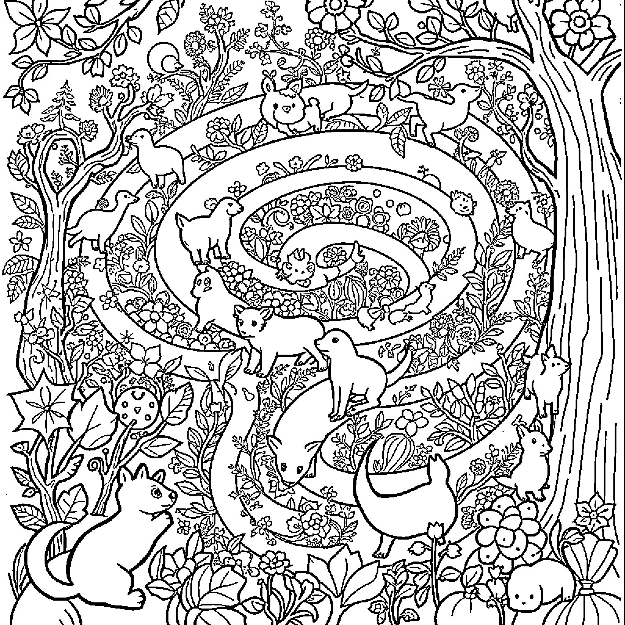 Animals playing in a magical forest Coloring Page (free black-and-white line drawing printable PDF for all, from beginners to advanced learners, including children, teens, adults, and seniors)