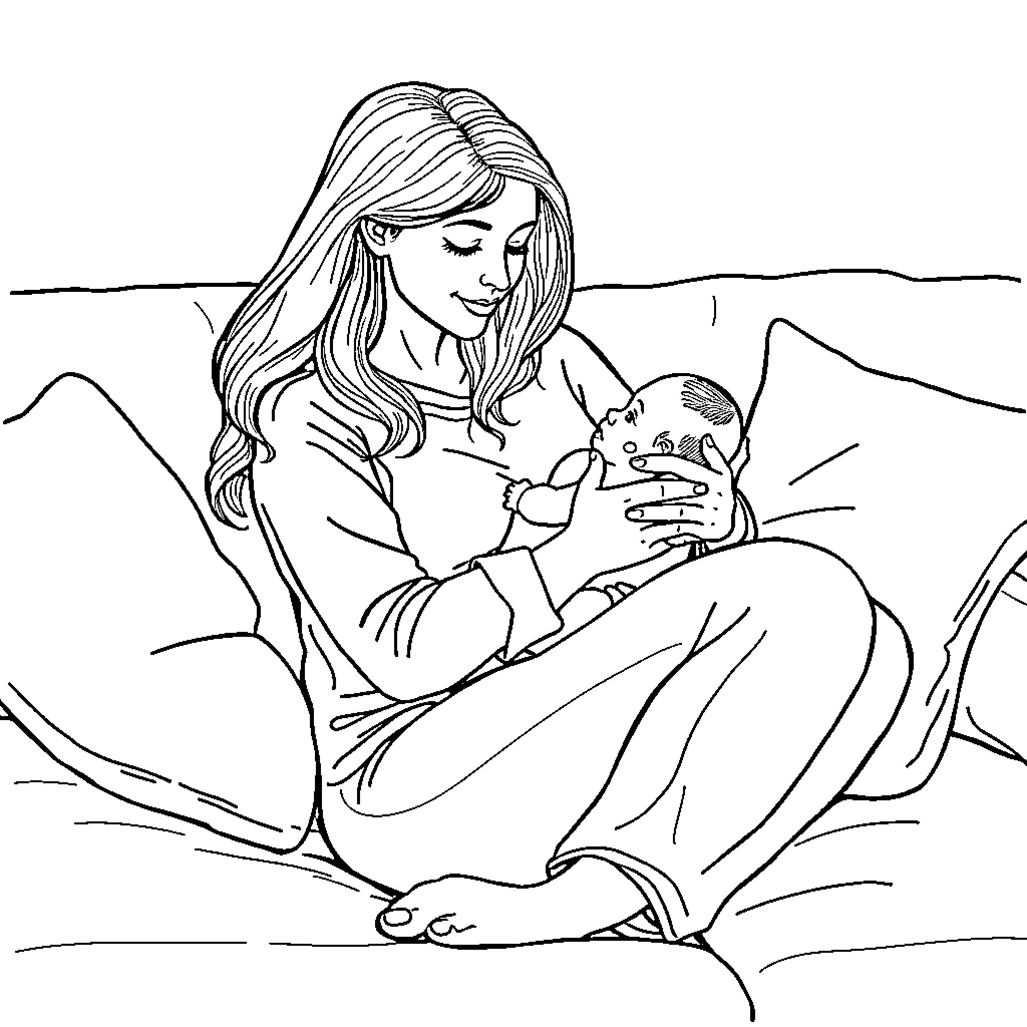 Mom's loving embrace with her baby Coloring Page (free black-and-white line drawing printable PDF for all, from beginners to advanced learners, including children, teens, adults, and seniors)
