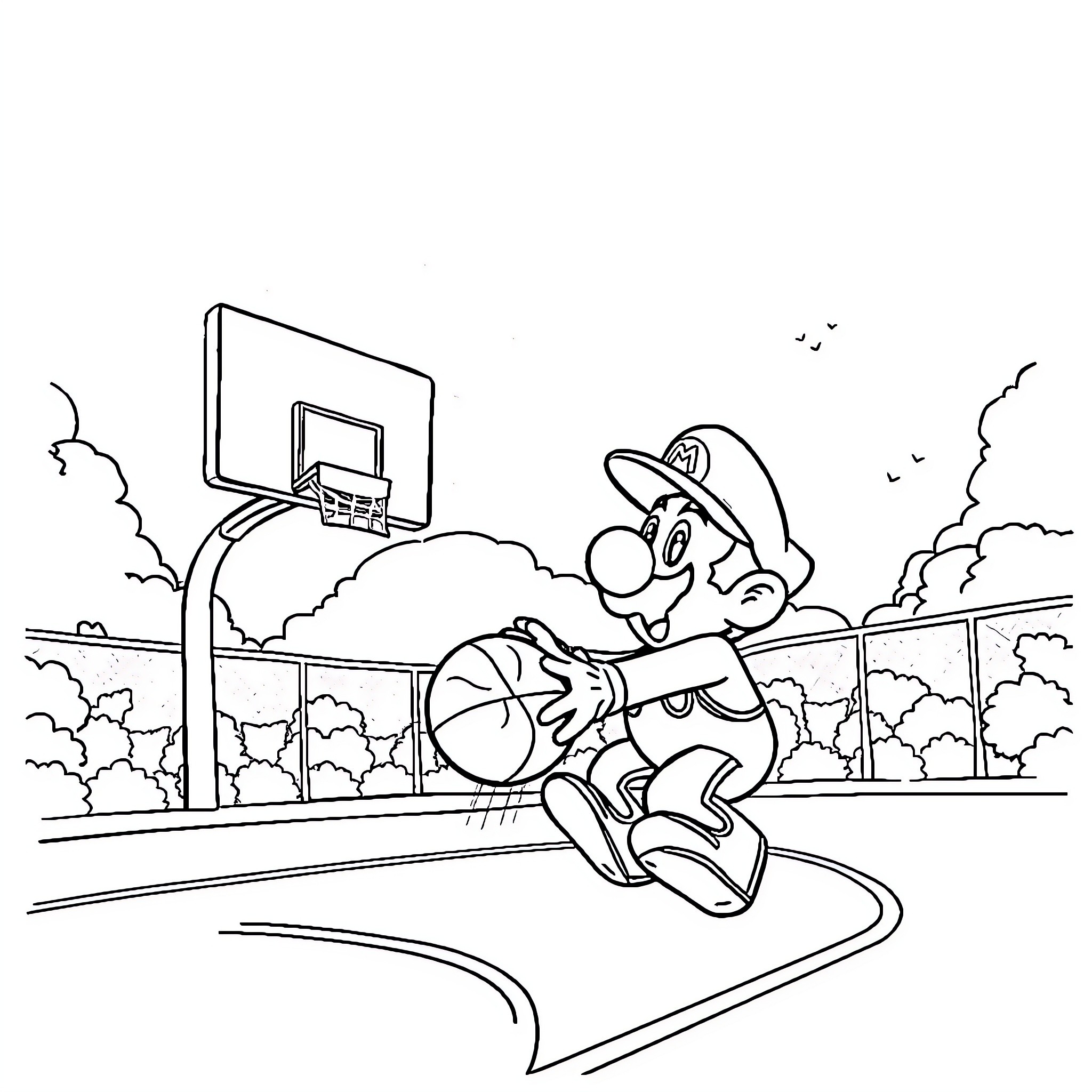 Mario Playing Basketball Outdoors Coloring Page (free black-and-white line drawing printable PDF for all, from beginners to advanced learners, including children, teens, adults, and seniors)