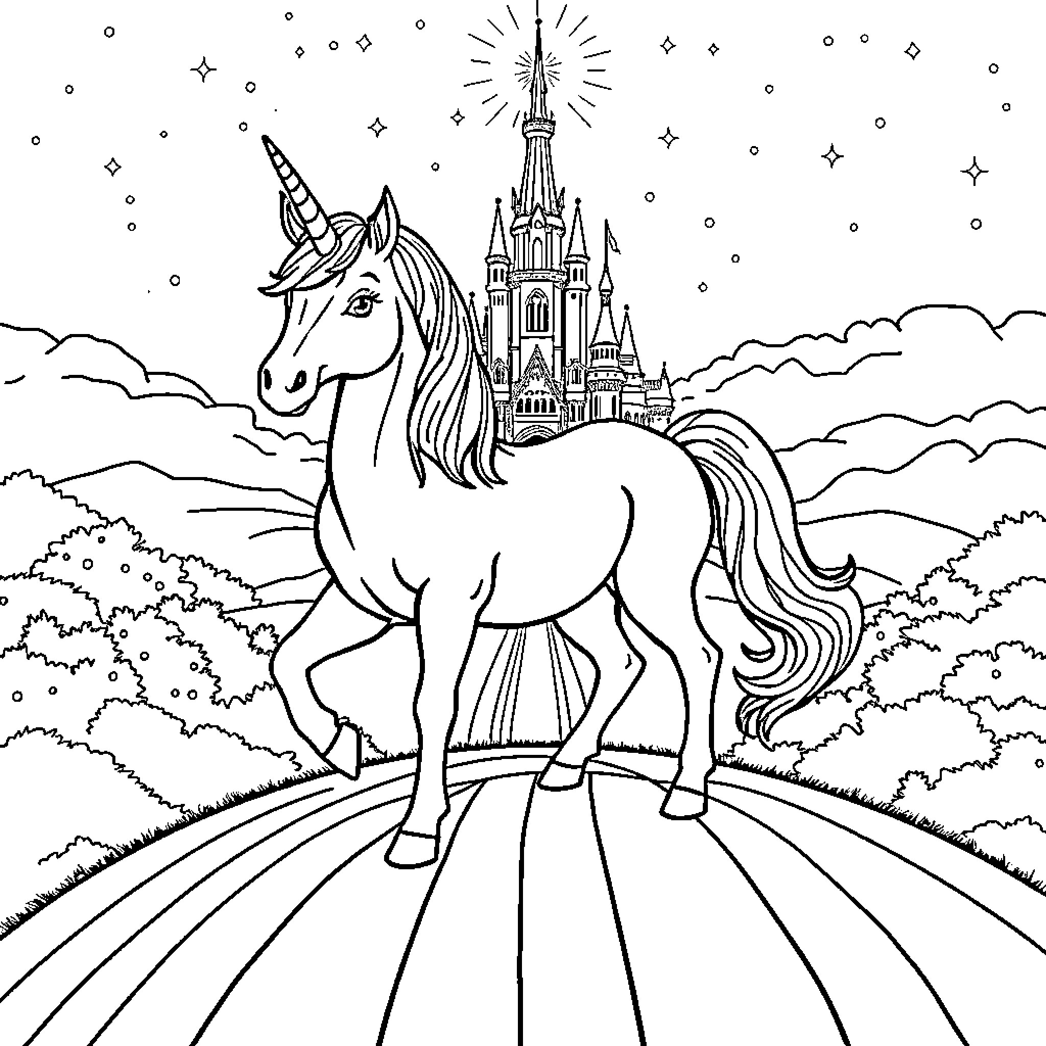 Unicorn standing majestically before a magical castle Coloring Page (free black-and-white line drawing printable PDF for all, from beginners to advanced learners, including children, teens, adults, and seniors)