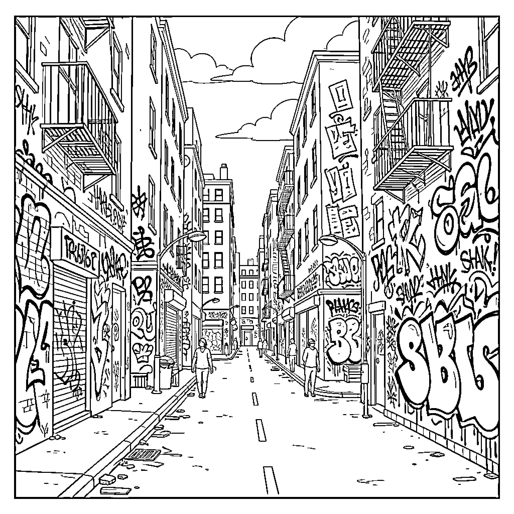 Graffiti covering narrow urban alleyway walls and buildings Coloring Page (free black-and-white line drawing printable PDF for all, from beginners to advanced learners, including children, teens, adults, and seniors)