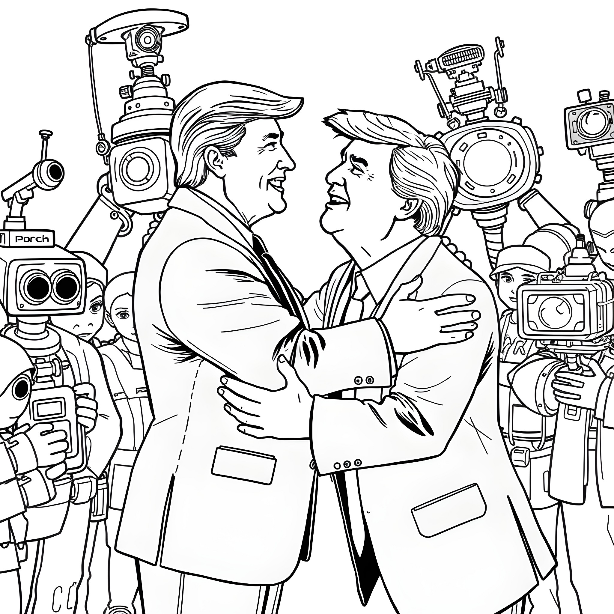 Trump and Clinton embracing amidst cameras and media Coloring Page (free black-and-white line drawing printable PDF for all, from beginners to advanced learners, including children, teens, adults, and seniors)