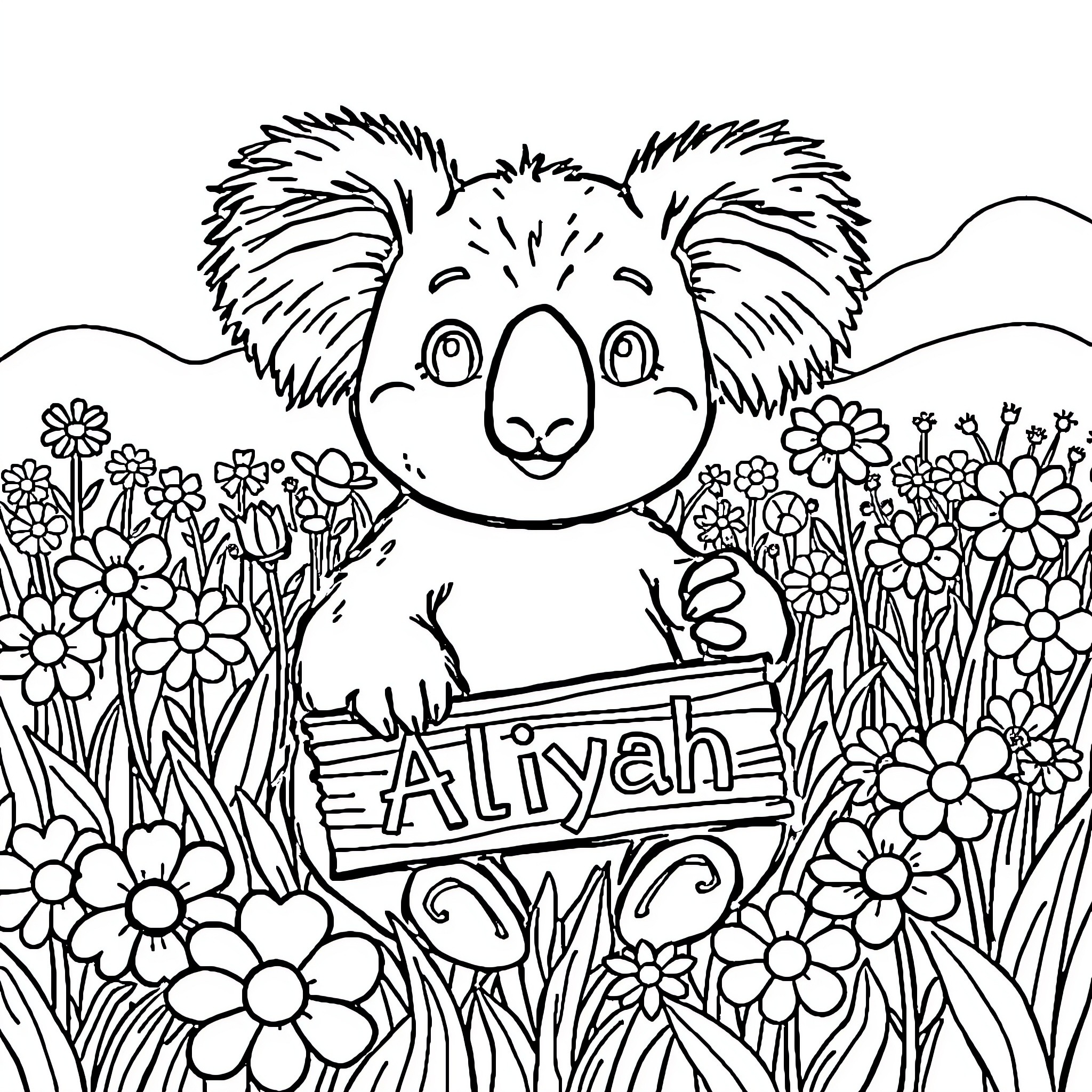 Koala enjoying flowers in a garden Coloring Page (free black-and-white line drawing printable PDF for all, from beginners to advanced learners, including children, teens, adults, and seniors)