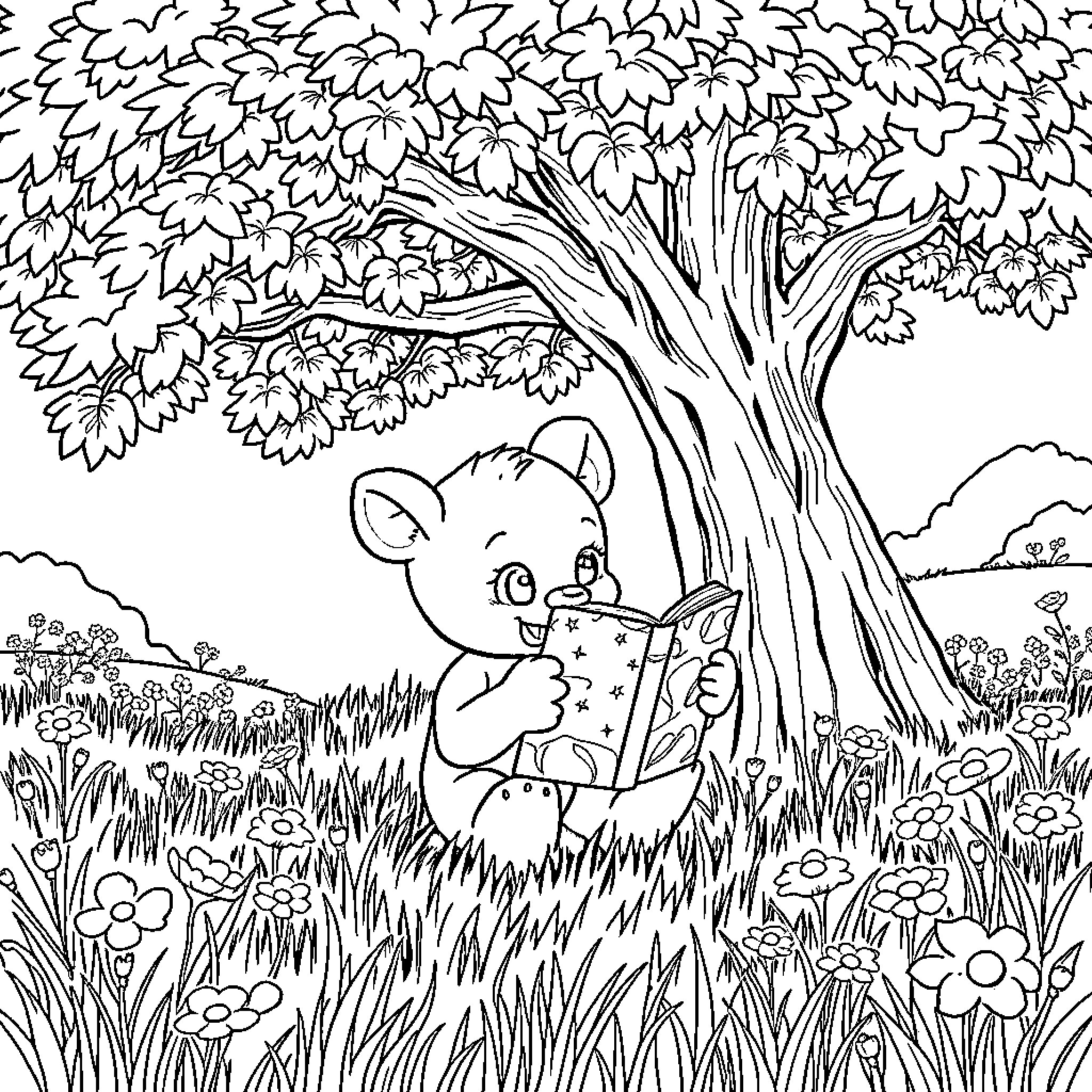 Bluey exploring the enchanting forest Coloring Page (free black-and-white line drawing printable PDF for all, from beginners to advanced learners, including children, teens, adults, and seniors)