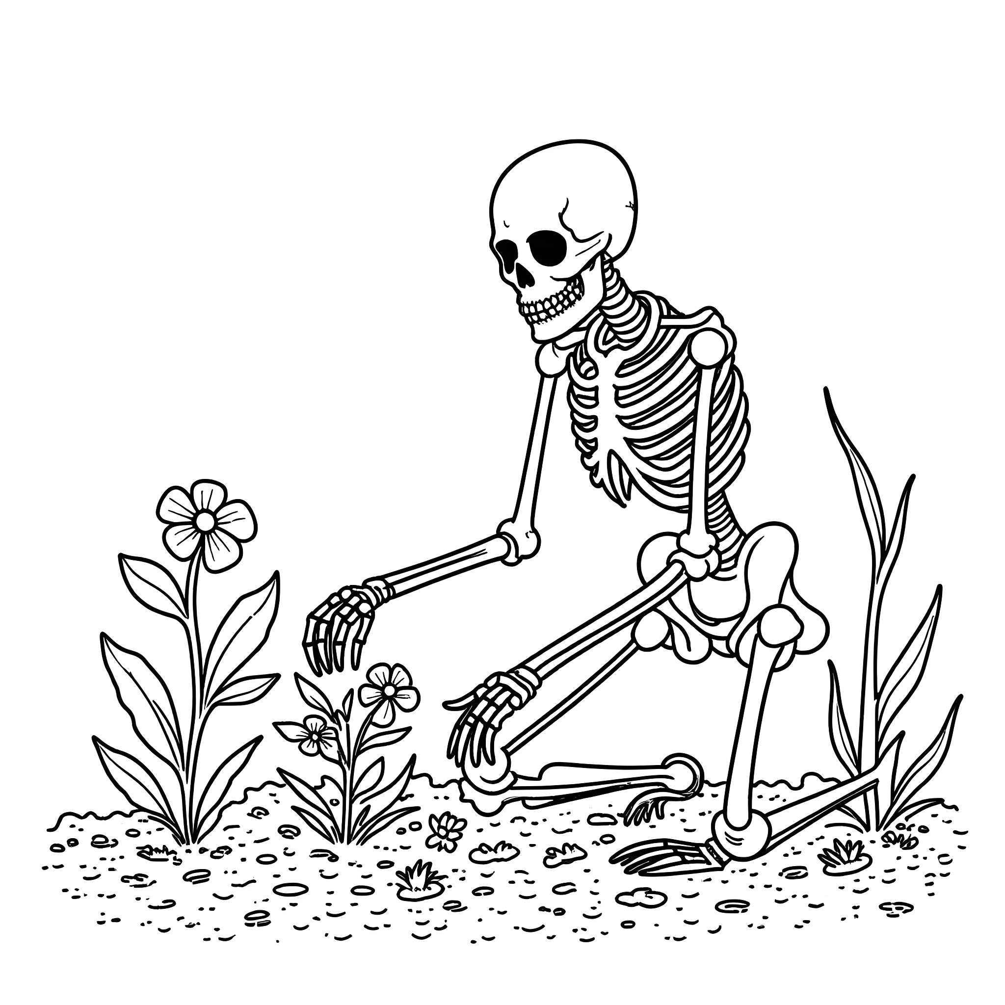 Skeleton gardening in the floral field Coloring Page (free black-and-white line drawing printable PDF for all, from beginners to advanced learners, including children, teens, adults, and seniors)