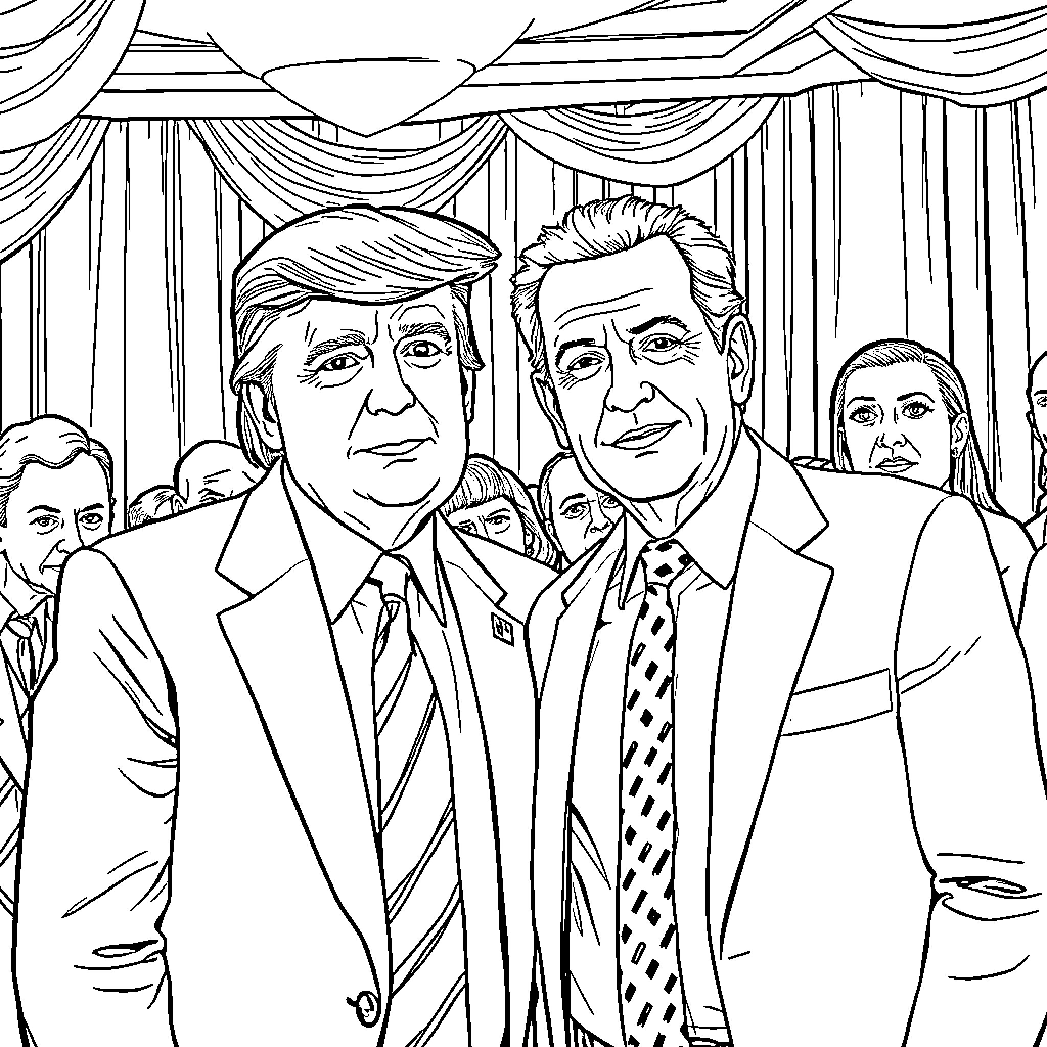 Trump Appearing at an Event with Influential Figures Coloring Page (free black-and-white line drawing printable PDF for all, from beginners to advanced learners, including children, teens, adults, and seniors)