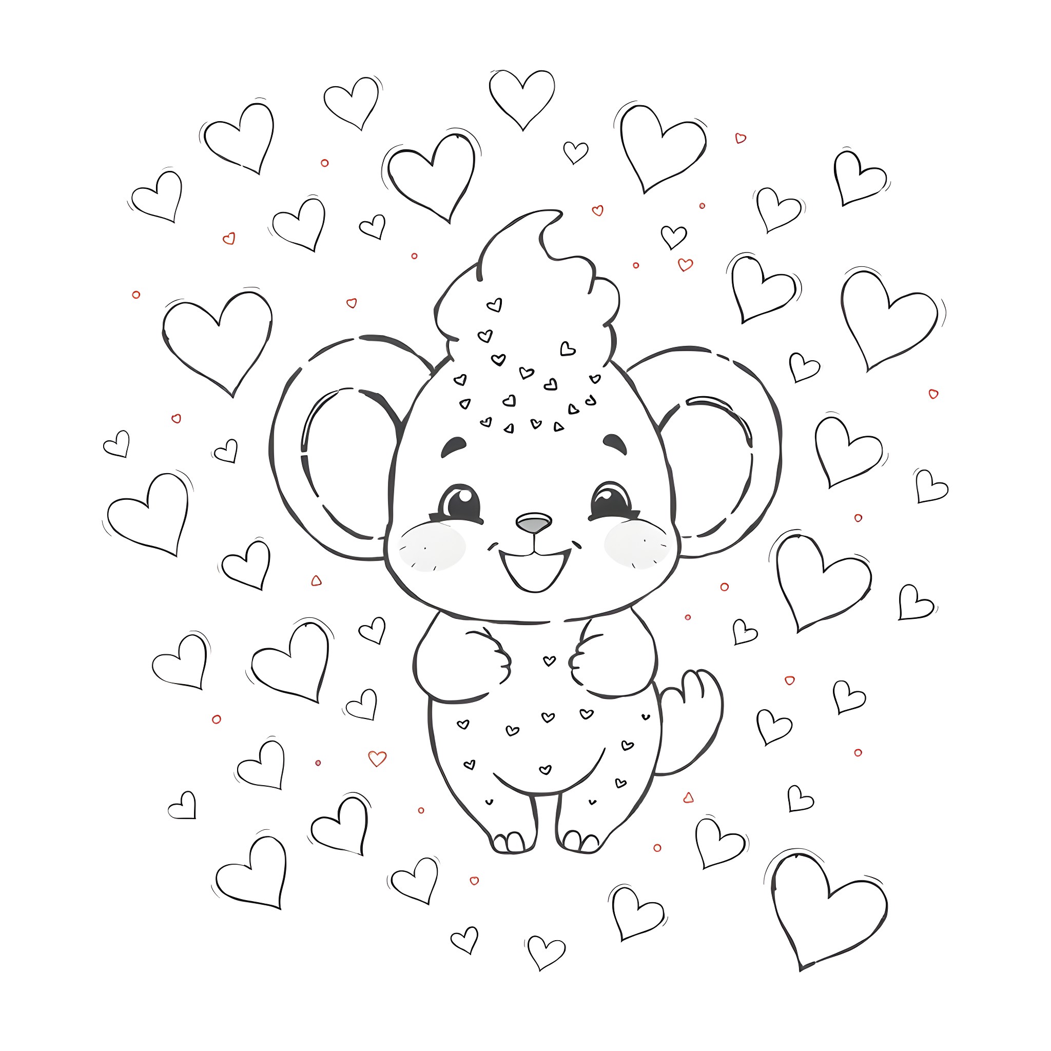 Labubu the Cute Monkey with Hearts Coloring Page (free black-and-white line drawing printable PDF for all, from beginners to advanced learners, including children, teens, adults, and seniors)