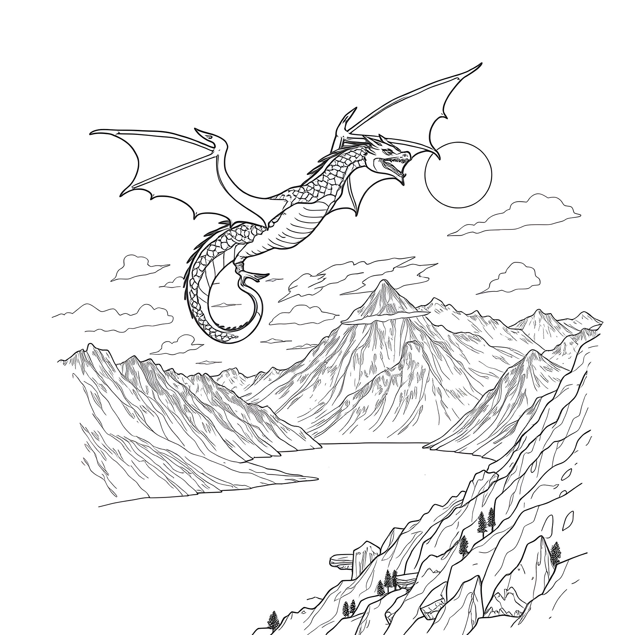 Dragon Flying Over Majestic Mountain Landscape Coloring Page (free black-and-white line drawing printable PDF for all, from beginners to advanced learners, including children, teens, adults, and seniors)