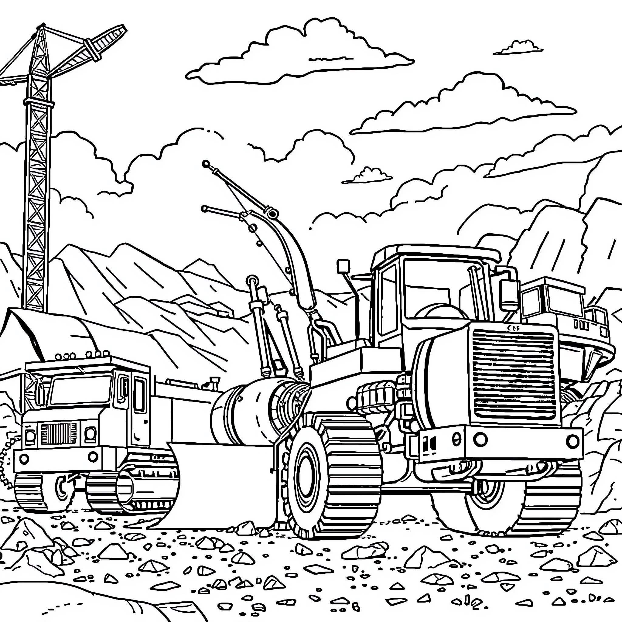 Engine machinery operating in mountainous construction site Coloring Page (free black-and-white line drawing printable PDF for all, from beginners to advanced learners, including children, teens, adults, and seniors)