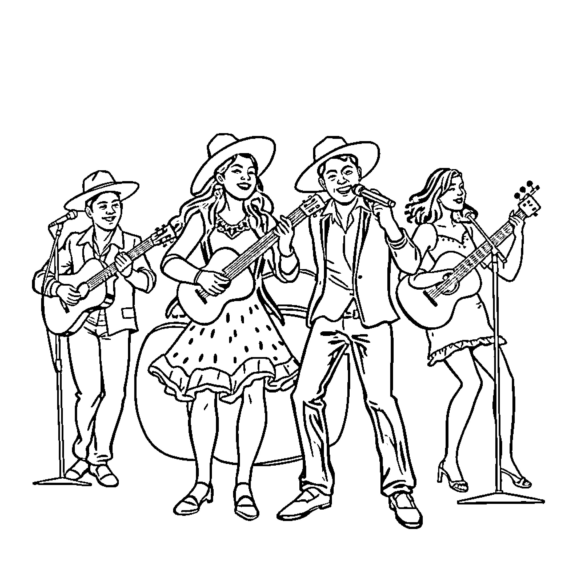 Salsa Band Performing Lively Dance Routine Coloring Page (free black-and-white line drawing printable PDF for all, from beginners to advanced learners, including children, teens, adults, and seniors)