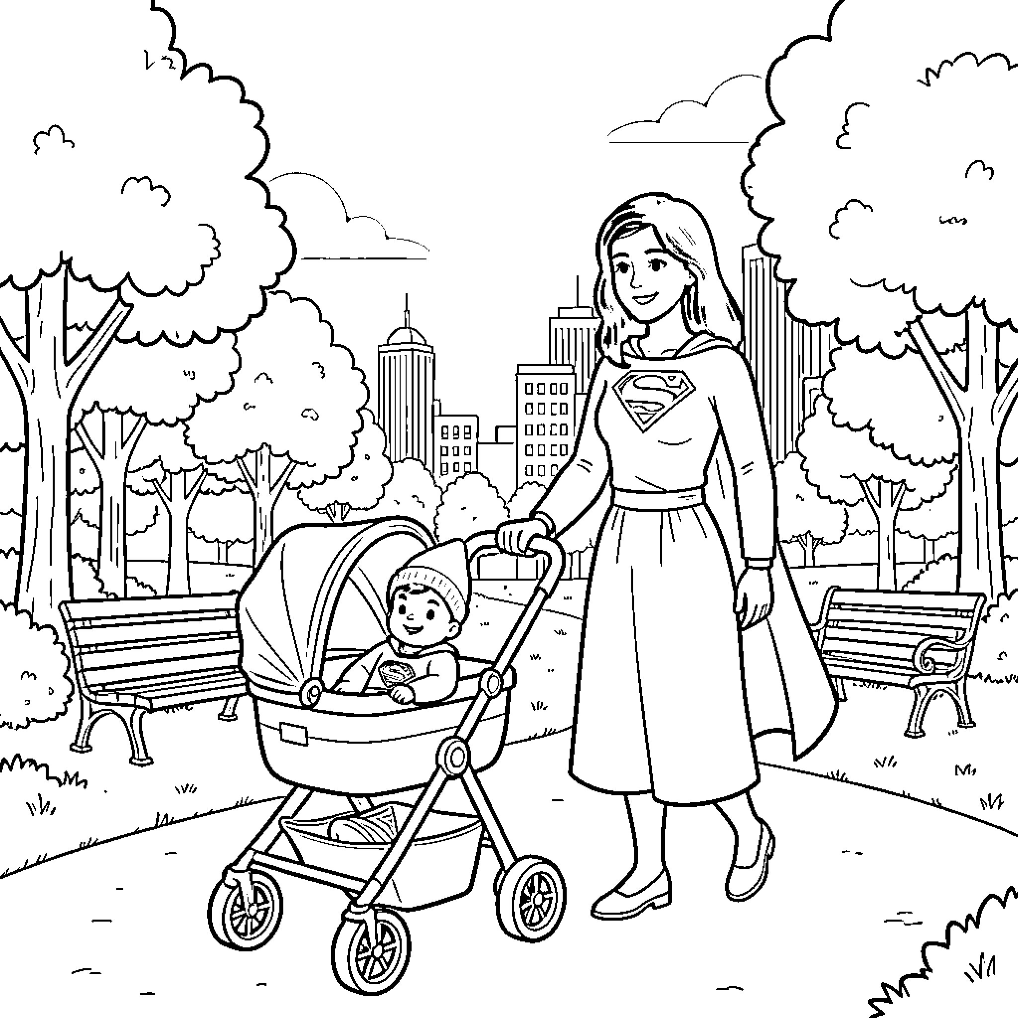 Baby Stroller in the City Park Coloring Page (free black-and-white line drawing printable PDF for all, from beginners to advanced learners, including children, teens, adults, and seniors)