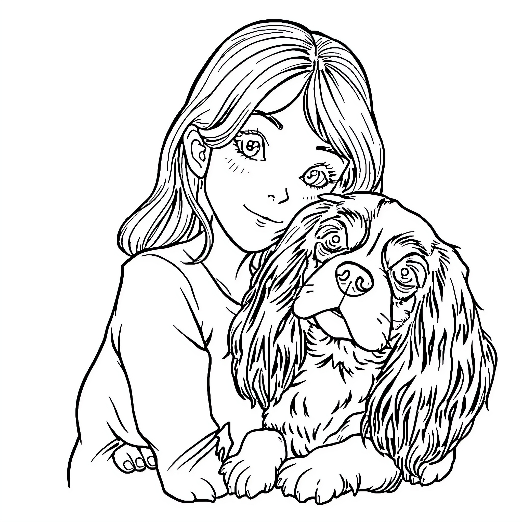 King Charles Spaniel enjoying the company of its owner Coloring Page (free black-and-white line drawing printable PDF for all, from beginners to advanced learners, including children, teens, adults, and seniors)