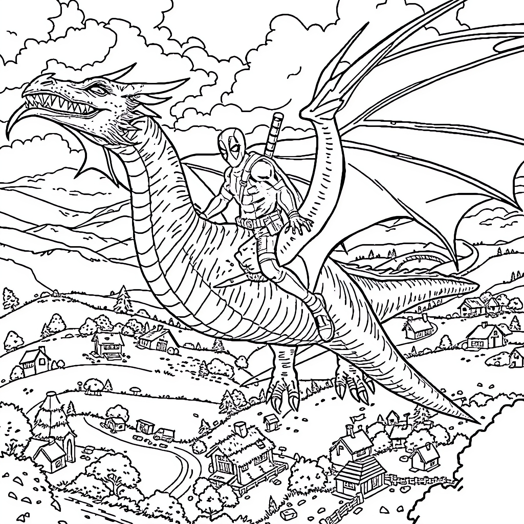 Deadpool riding a majestic dragon over a fantastical landscape Coloring Page (free black-and-white line drawing printable PDF for all, from beginners to advanced learners, including children, teens, adults, and seniors)