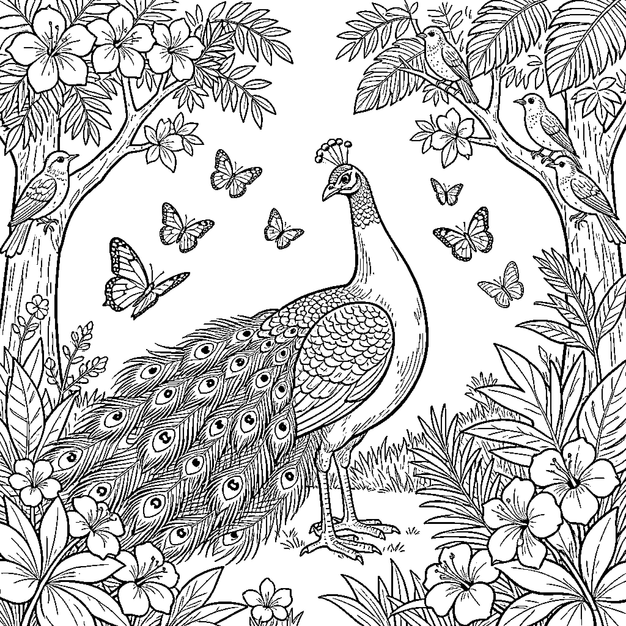 Peacock standing amidst butterflies and lush forest plants Coloring Page (free black-and-white line drawing printable PDF for all, from beginners to advanced learners, including children, teens, adults, and seniors)