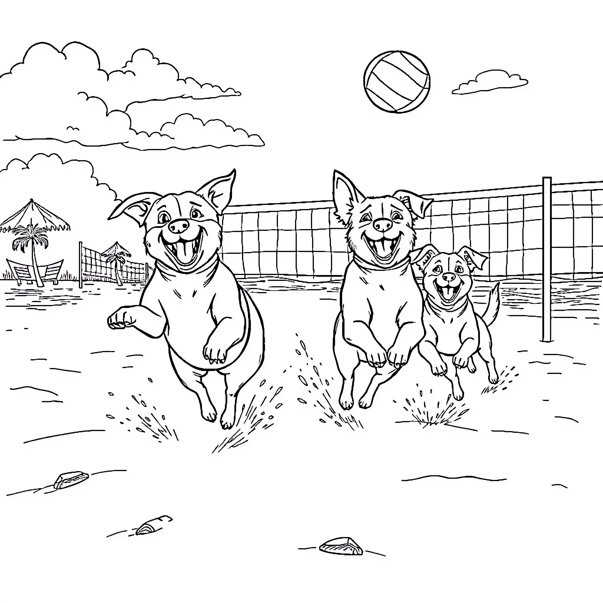 Dogs playing happily at the beach Coloring Page (free black-and-white line drawing printable PDF for all, from beginners to advanced learners, including children, teens, adults, and seniors)