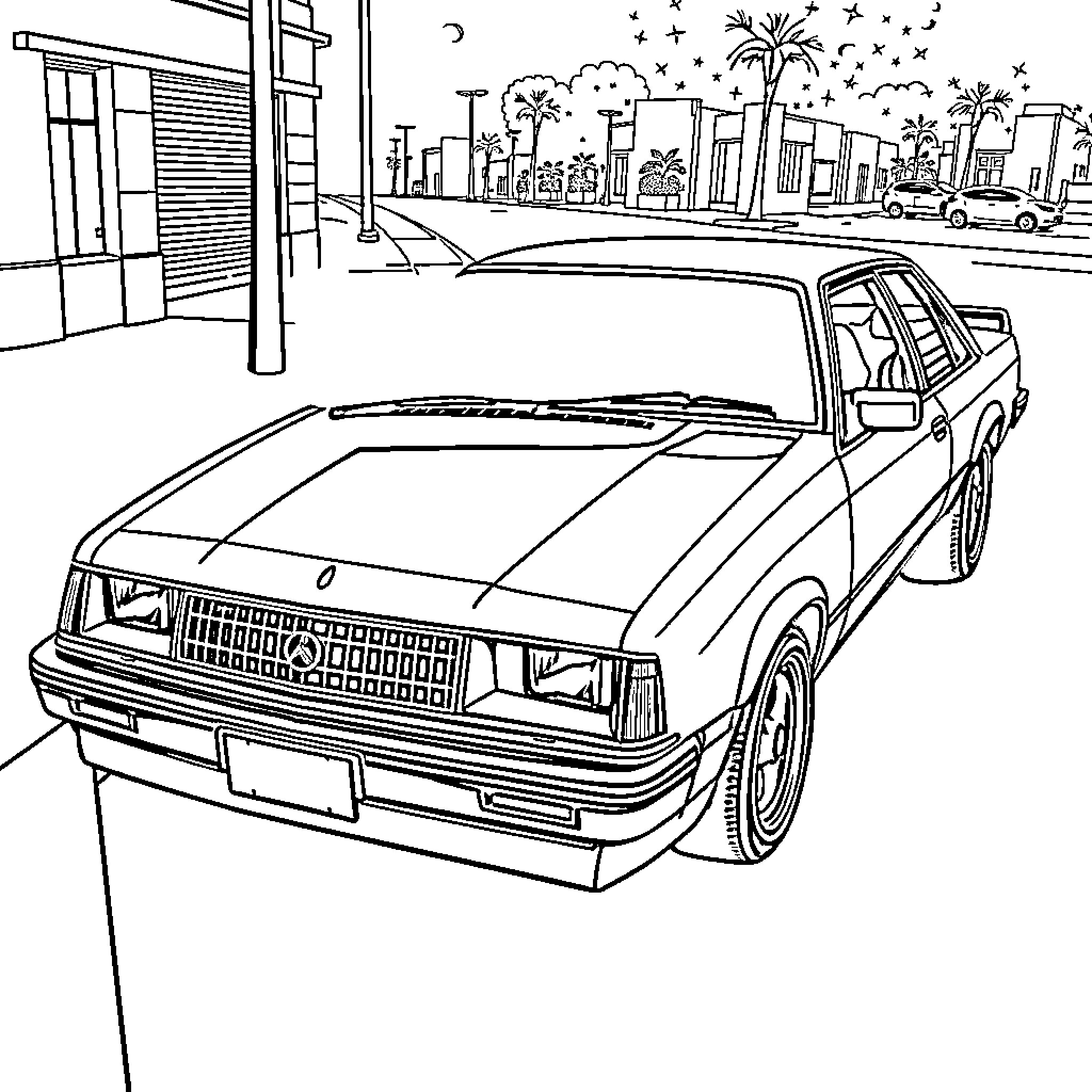 Holden car parked on city street at night Coloring Page (free black-and-white line drawing printable PDF for all, from beginners to advanced learners, including children, teens, adults, and seniors)