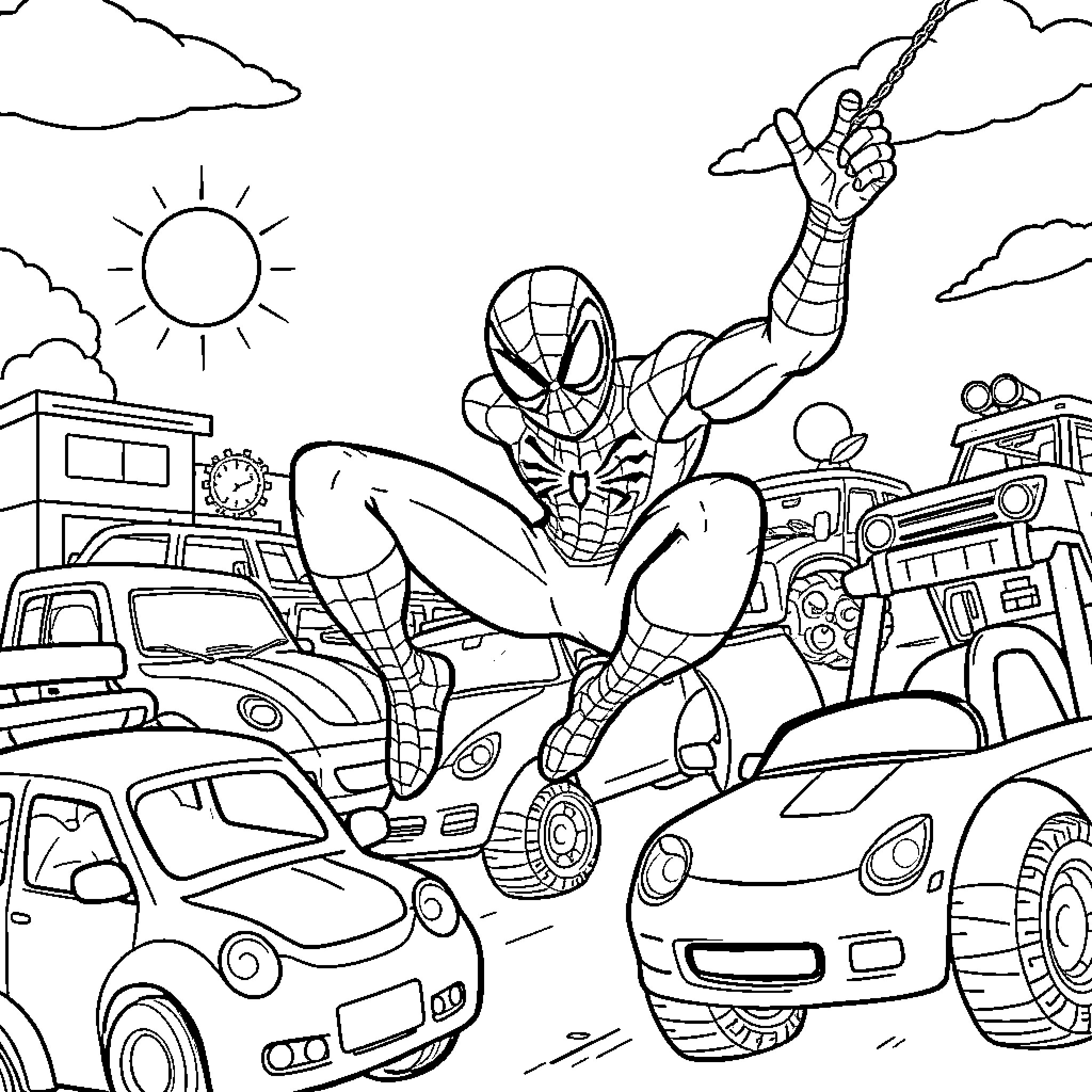 Spiderman swinging through action-packed city scene Coloring Page (free black-and-white line drawing printable PDF for all, from beginners to advanced learners, including children, teens, adults, and seniors)