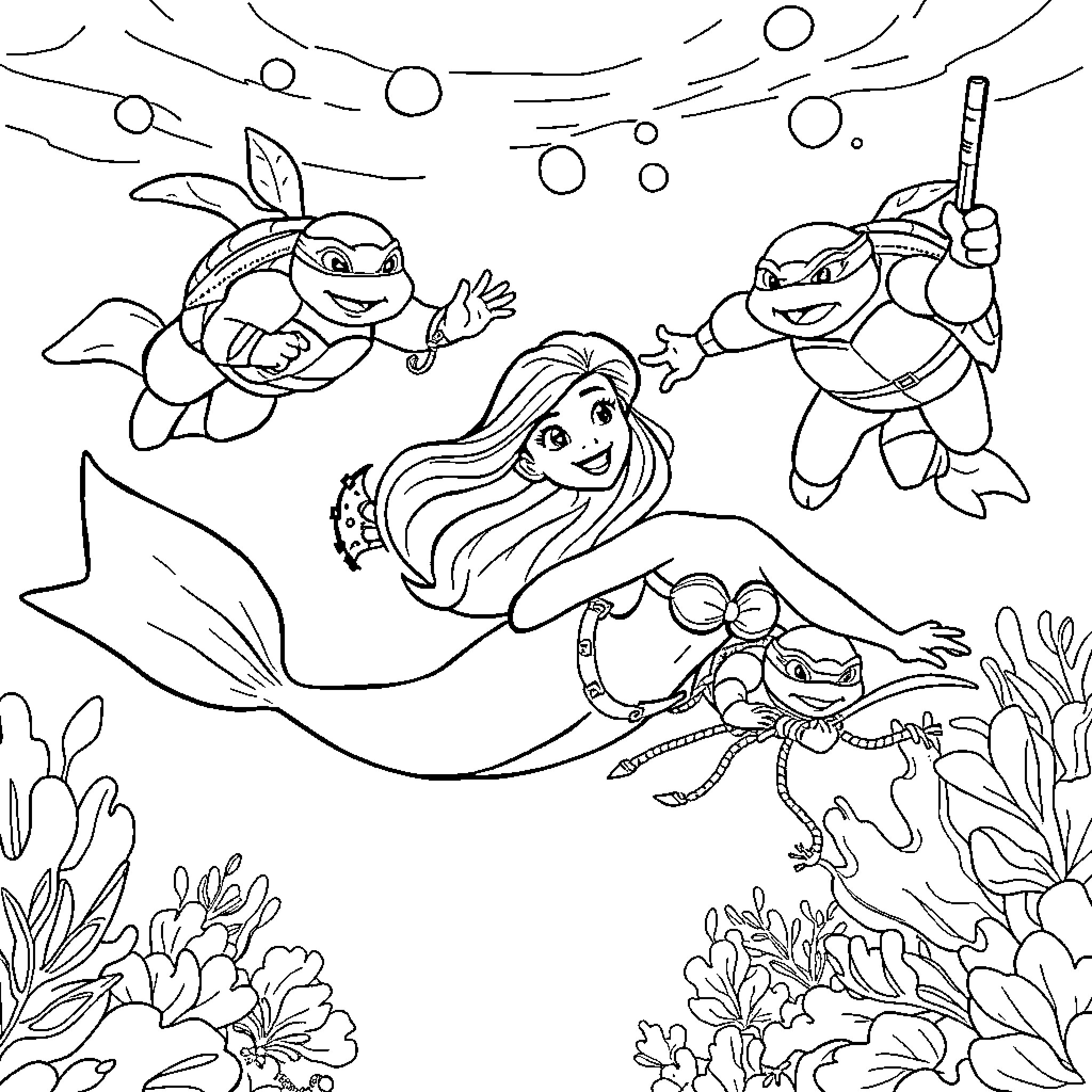 Ariel and Turtle Friends Explore Underwater Coloring Page (free black-and-white line drawing printable PDF for all, from beginners to advanced learners, including children, teens, adults, and seniors)